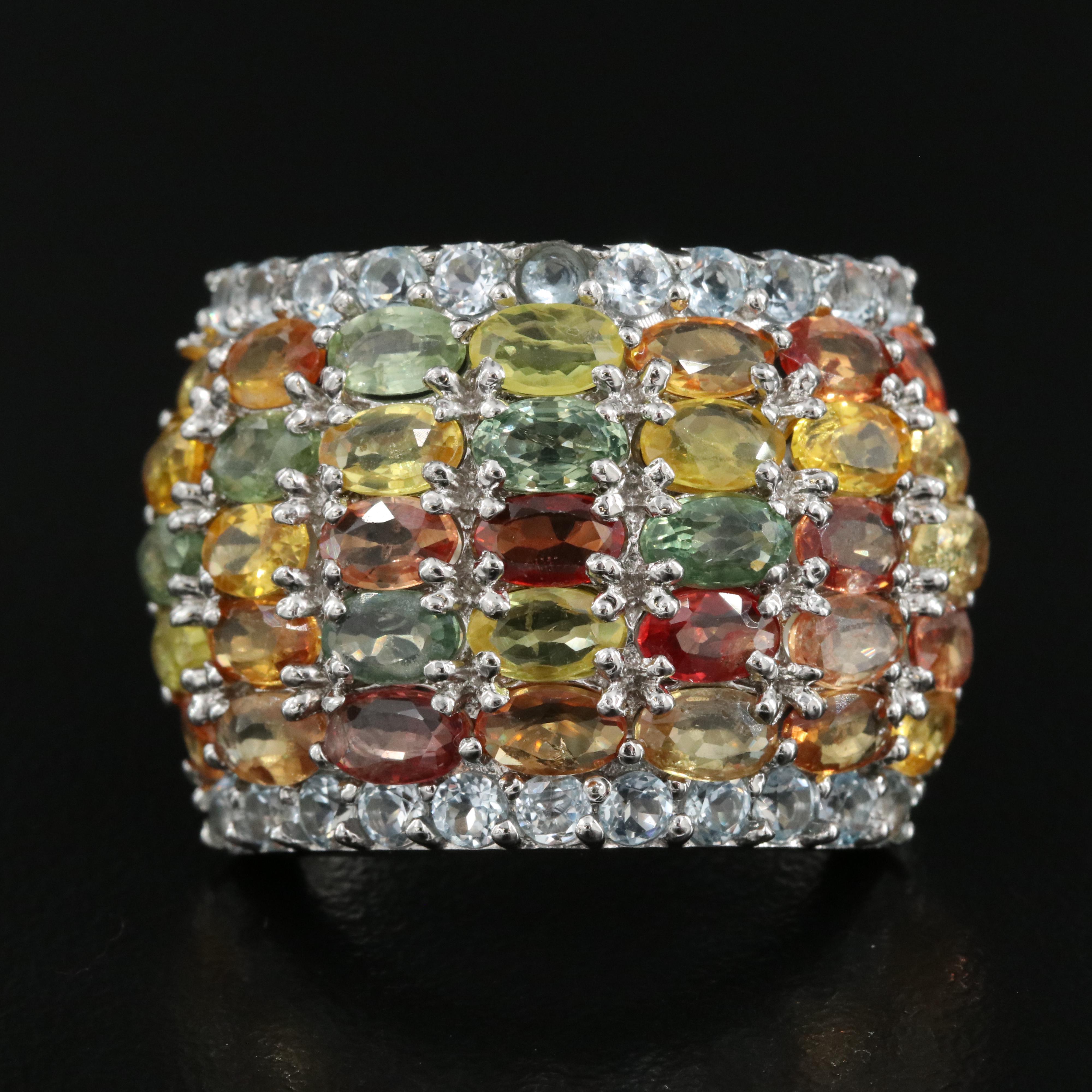 Sterling Sapphire and Topaz Multi-Row Ring