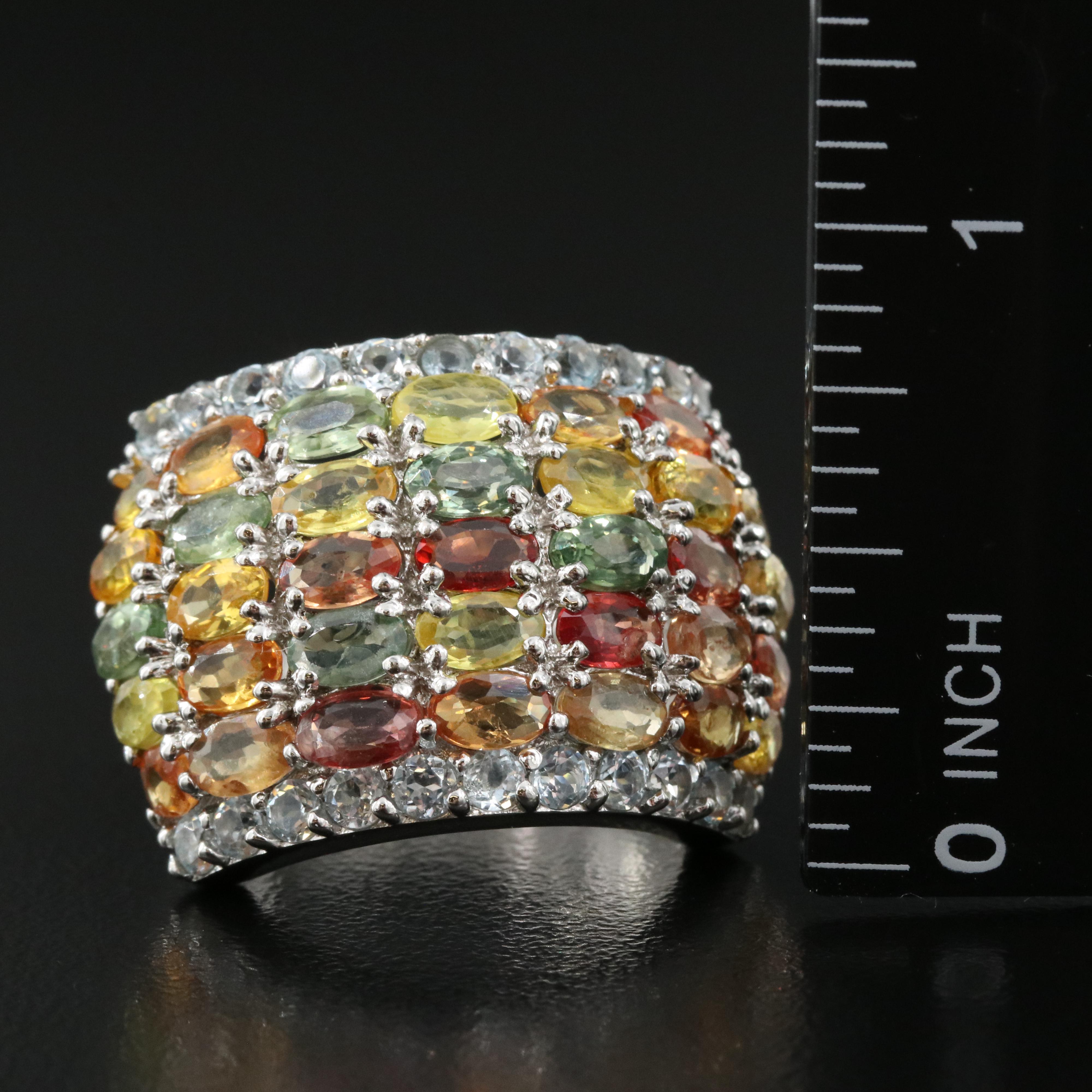 Sterling Sapphire and Topaz Multi-Row Ring