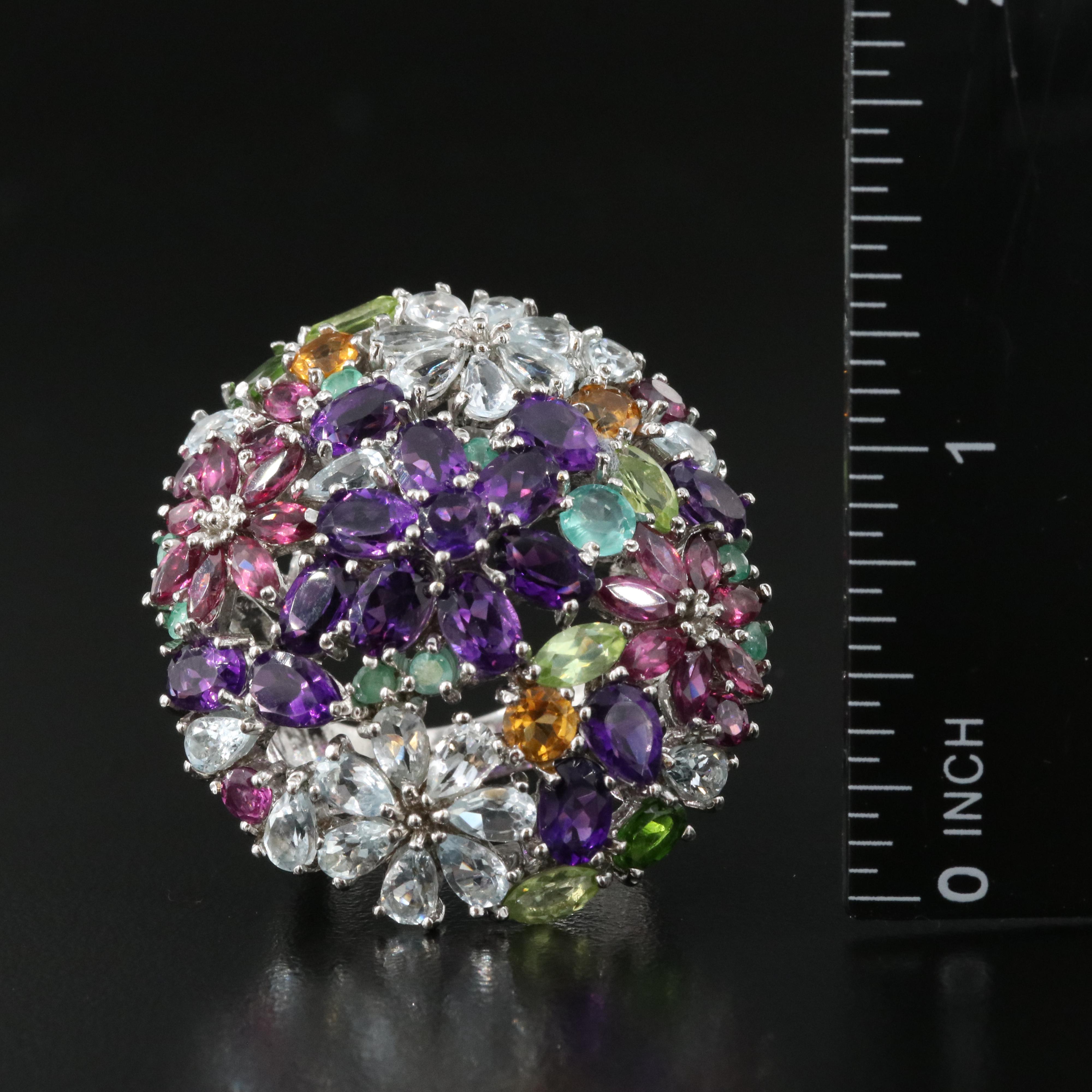 Sterling Floral Ring with Amethyst, Emerald and Aquamarine