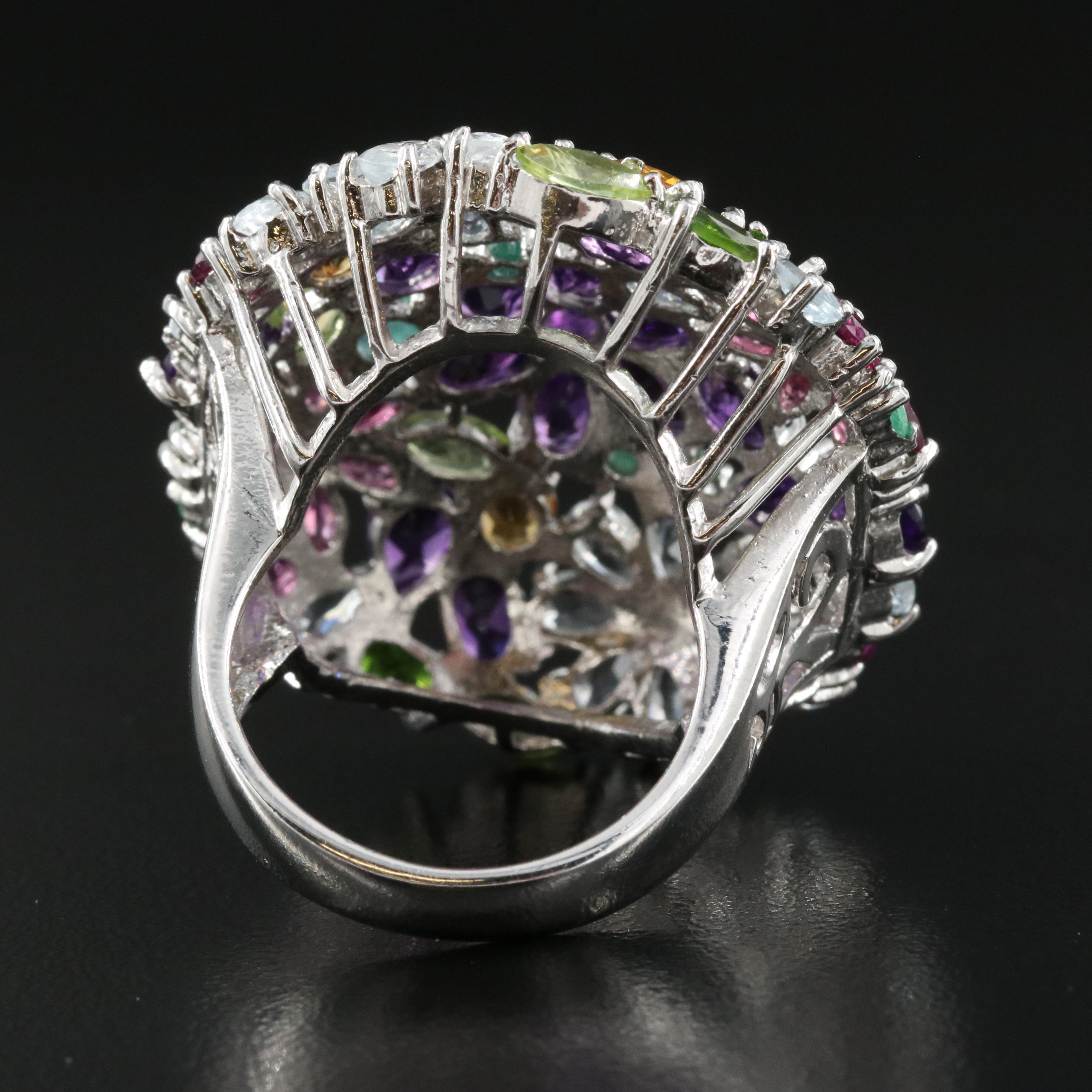 Sterling Floral Ring with Amethyst, Emerald and Aquamarine