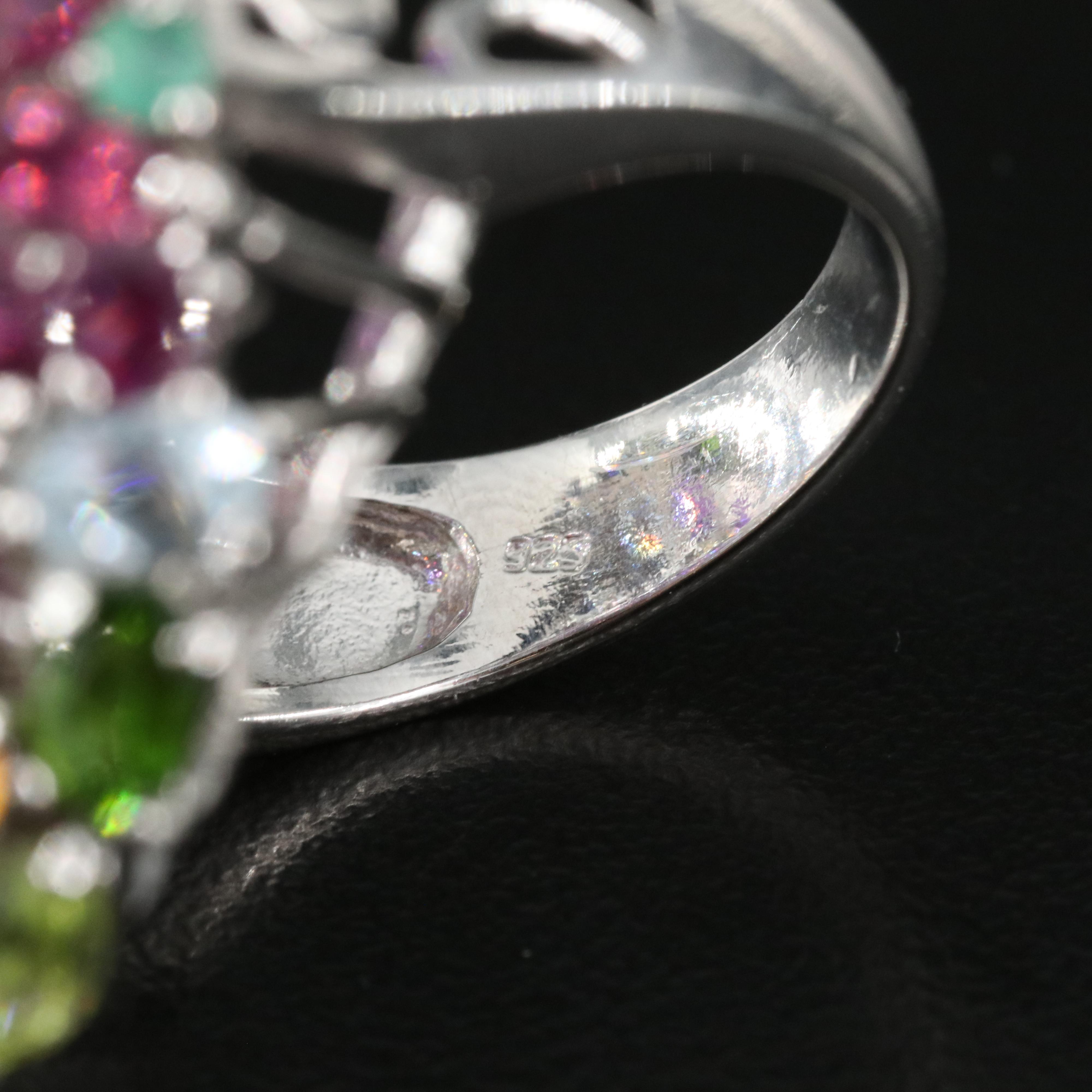 Sterling Floral Ring with Amethyst, Emerald and Aquamarine