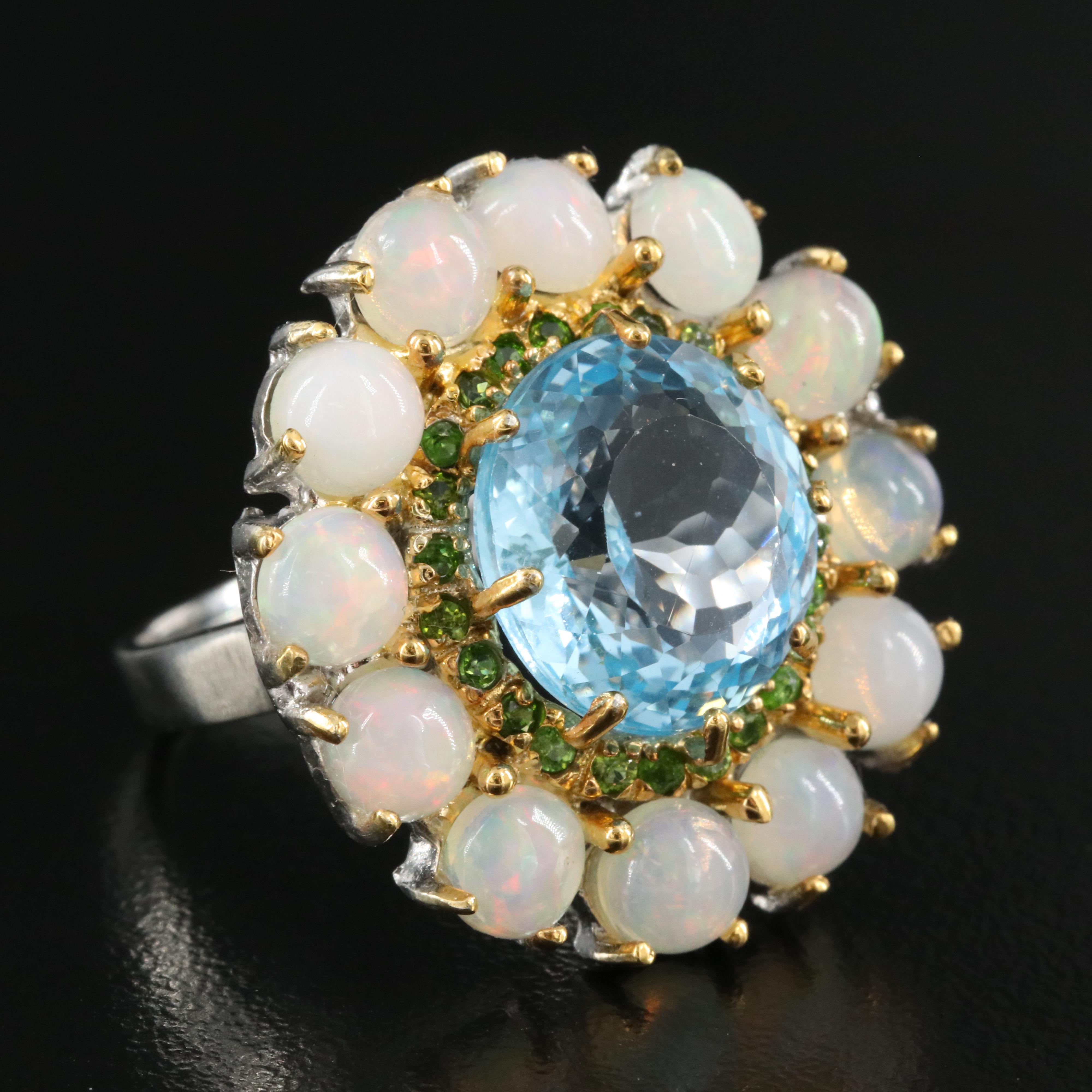 Sterling Topaz, Diopside and Opal Ring