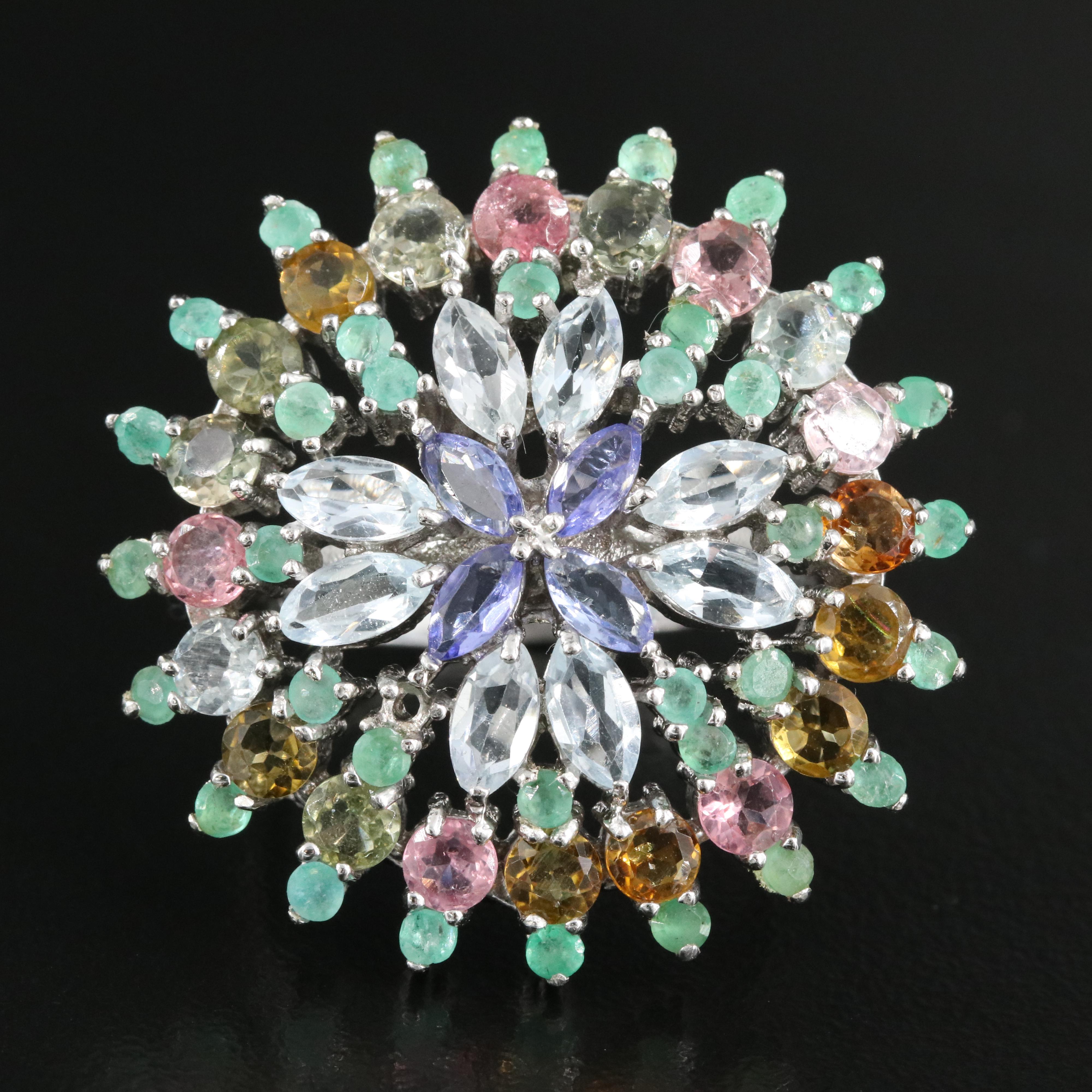 Sterling Tanzanite, Topaz and Gemstone Oval Cluster Ring