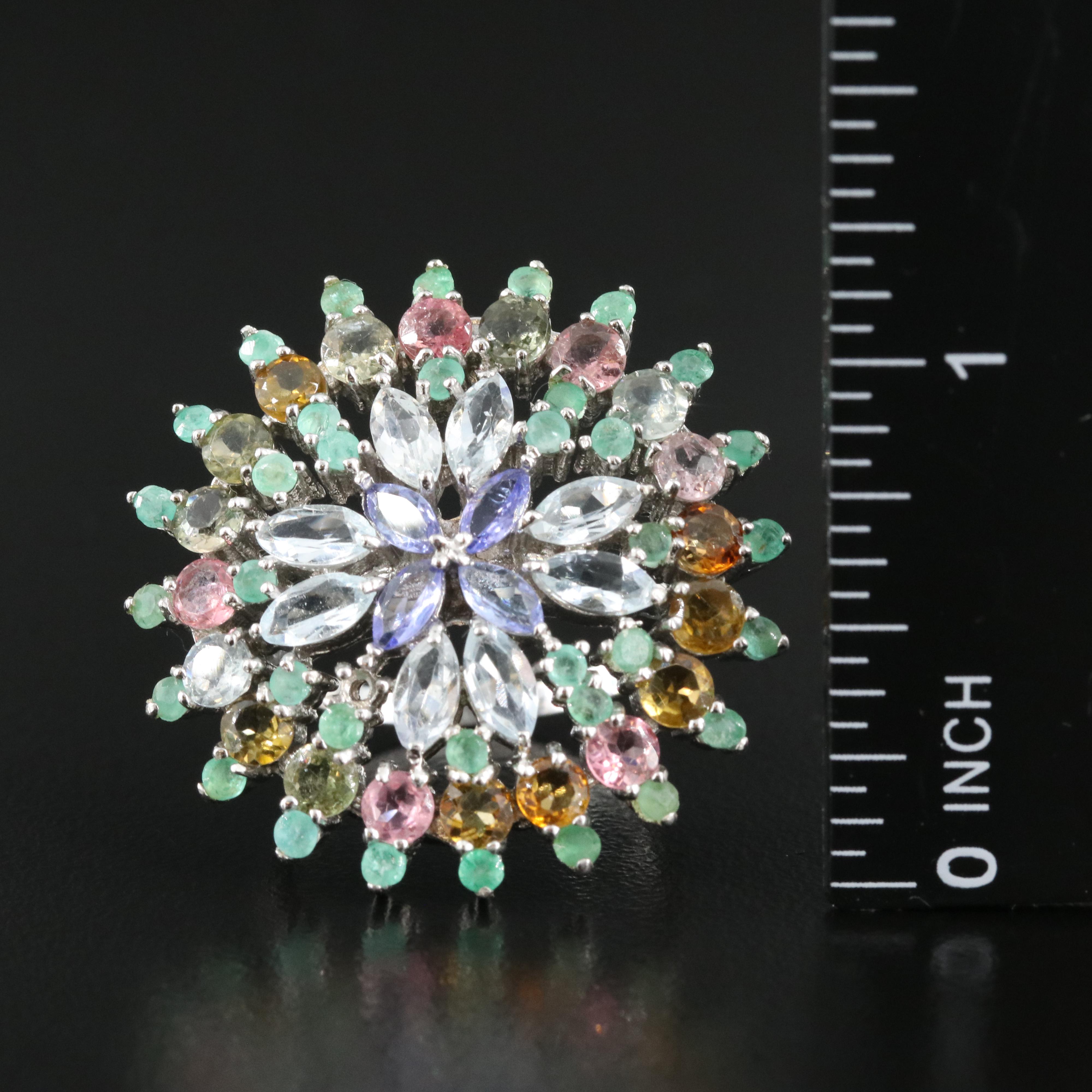 Sterling Tanzanite, Topaz and Gemstone Oval Cluster Ring