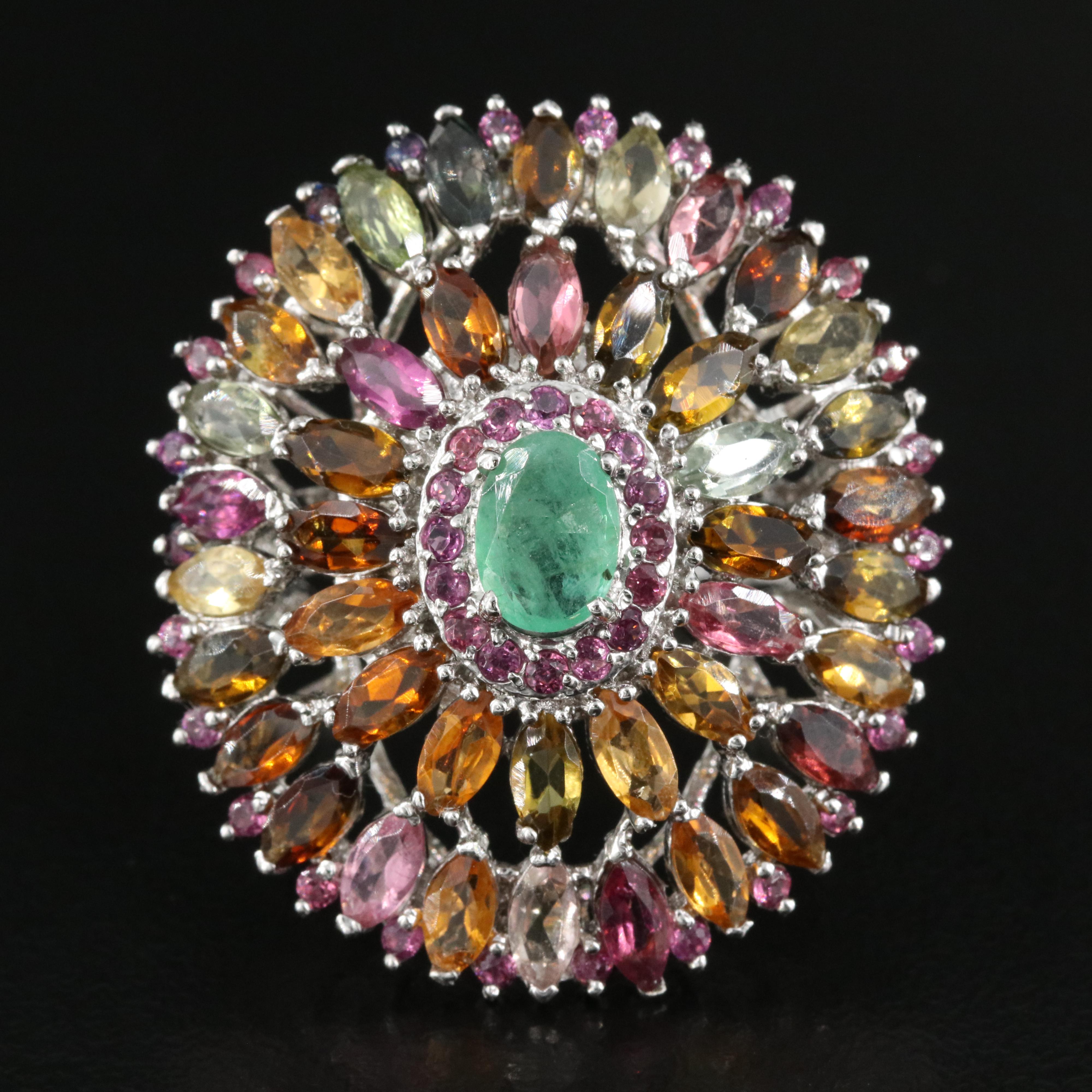 Sterling Emerald, Tourmaline and Gemstone Oval Cluster Ring