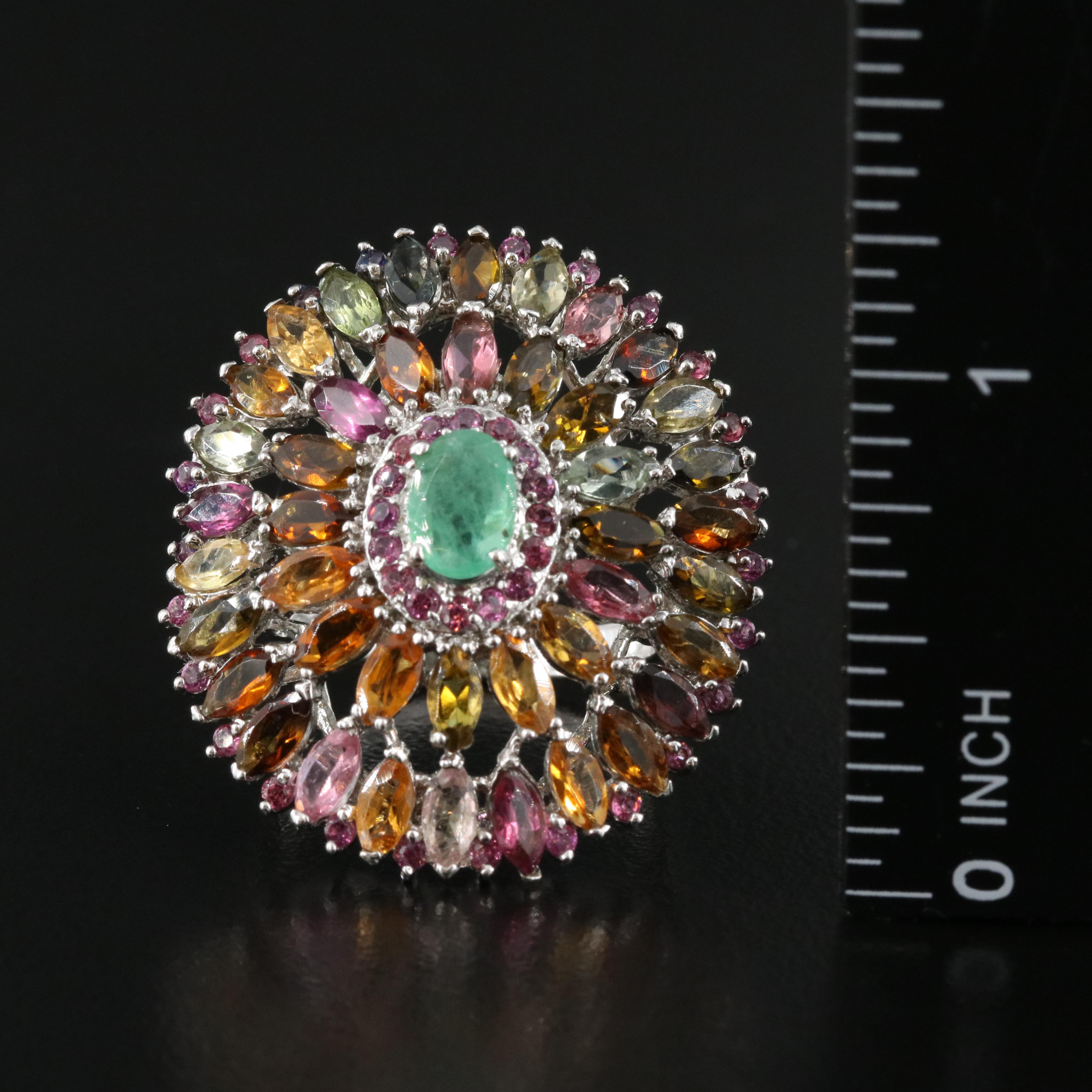 Sterling Emerald, Tourmaline and Gemstone Oval Cluster Ring