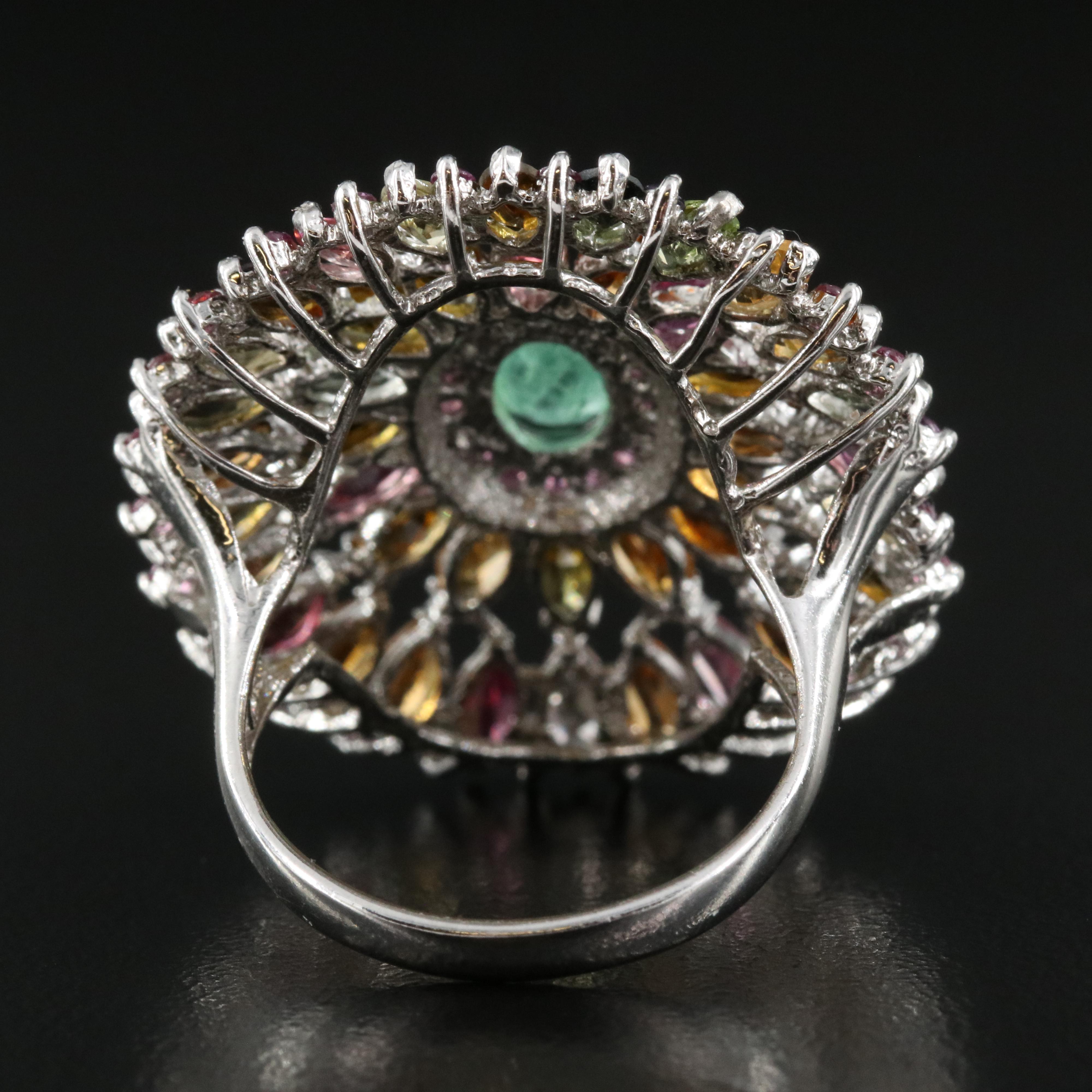 Sterling Emerald, Tourmaline and Gemstone Oval Cluster Ring