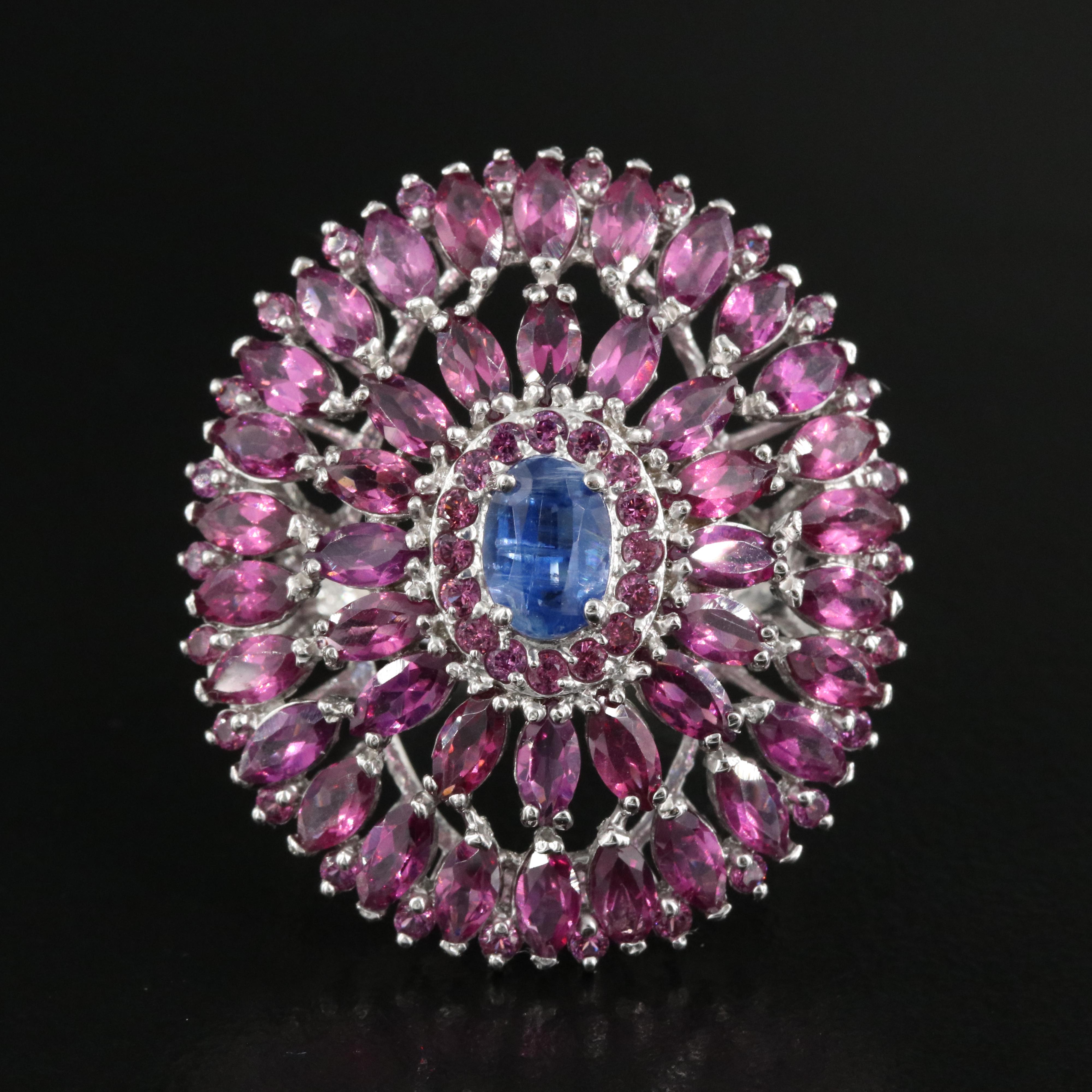 Sterling Kyanite and Rhodolite Garnet Oval Cluster Ring
