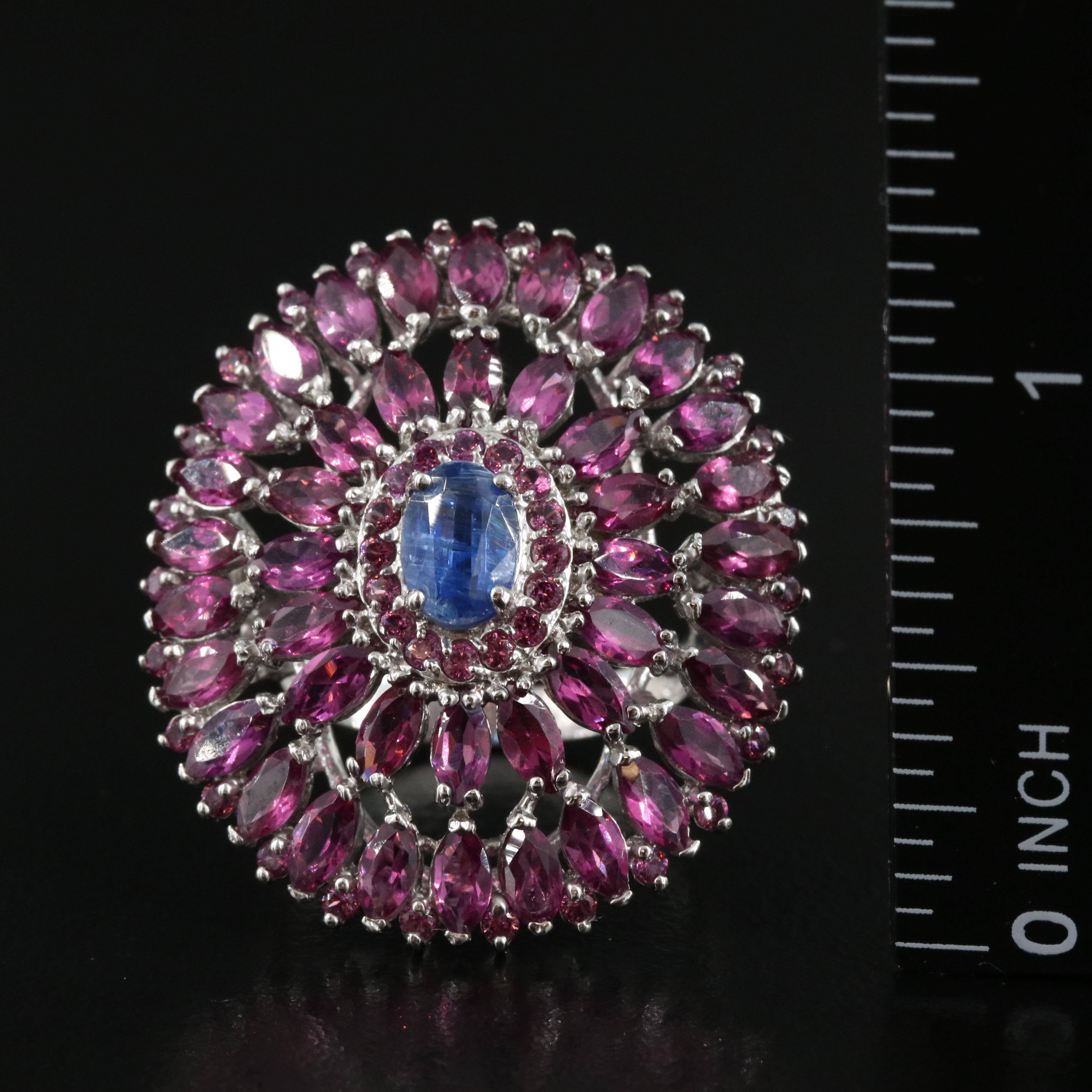 Sterling Kyanite and Rhodolite Garnet Oval Cluster Ring