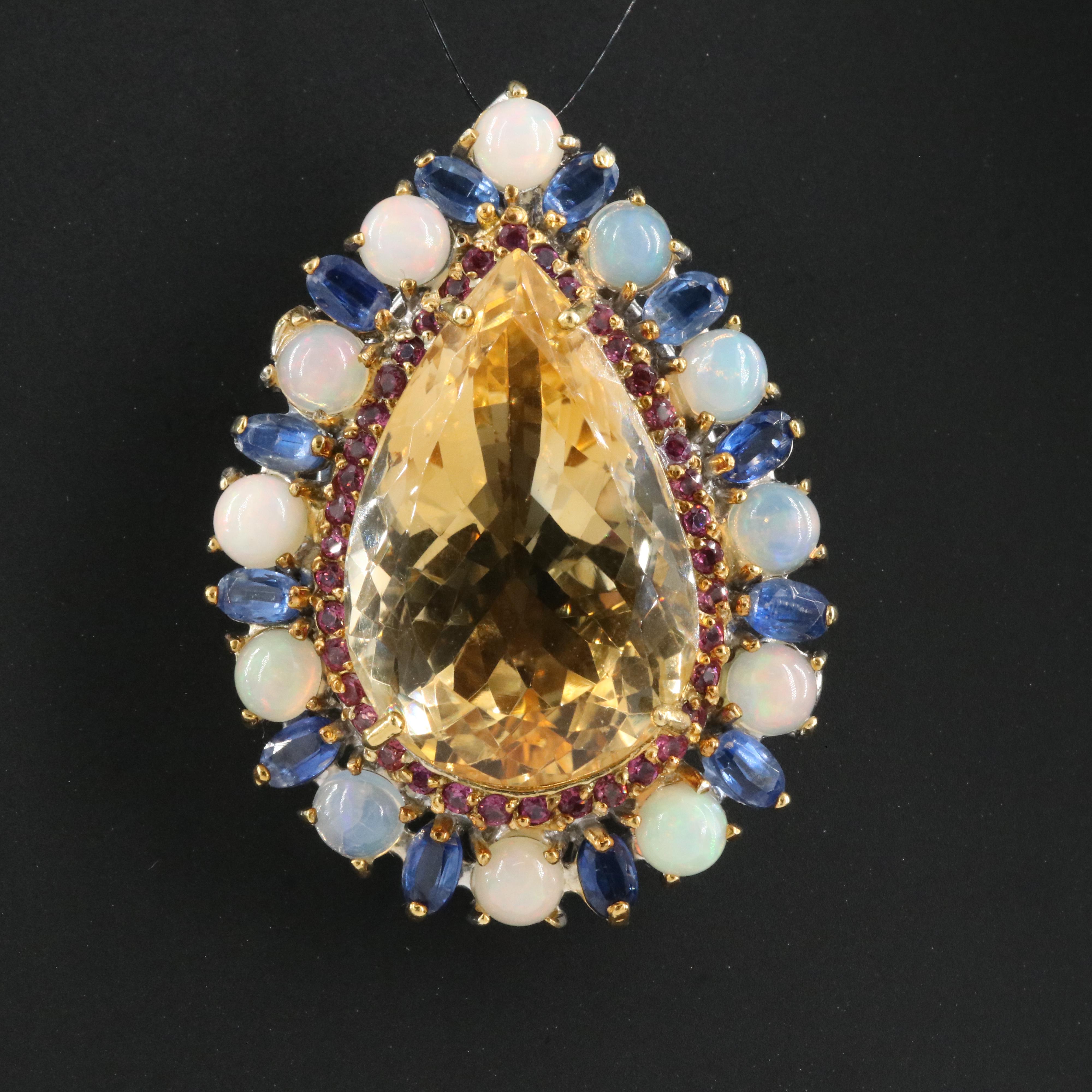 Sterling Citrine, Opal and Gemstone Teardrop Brooch