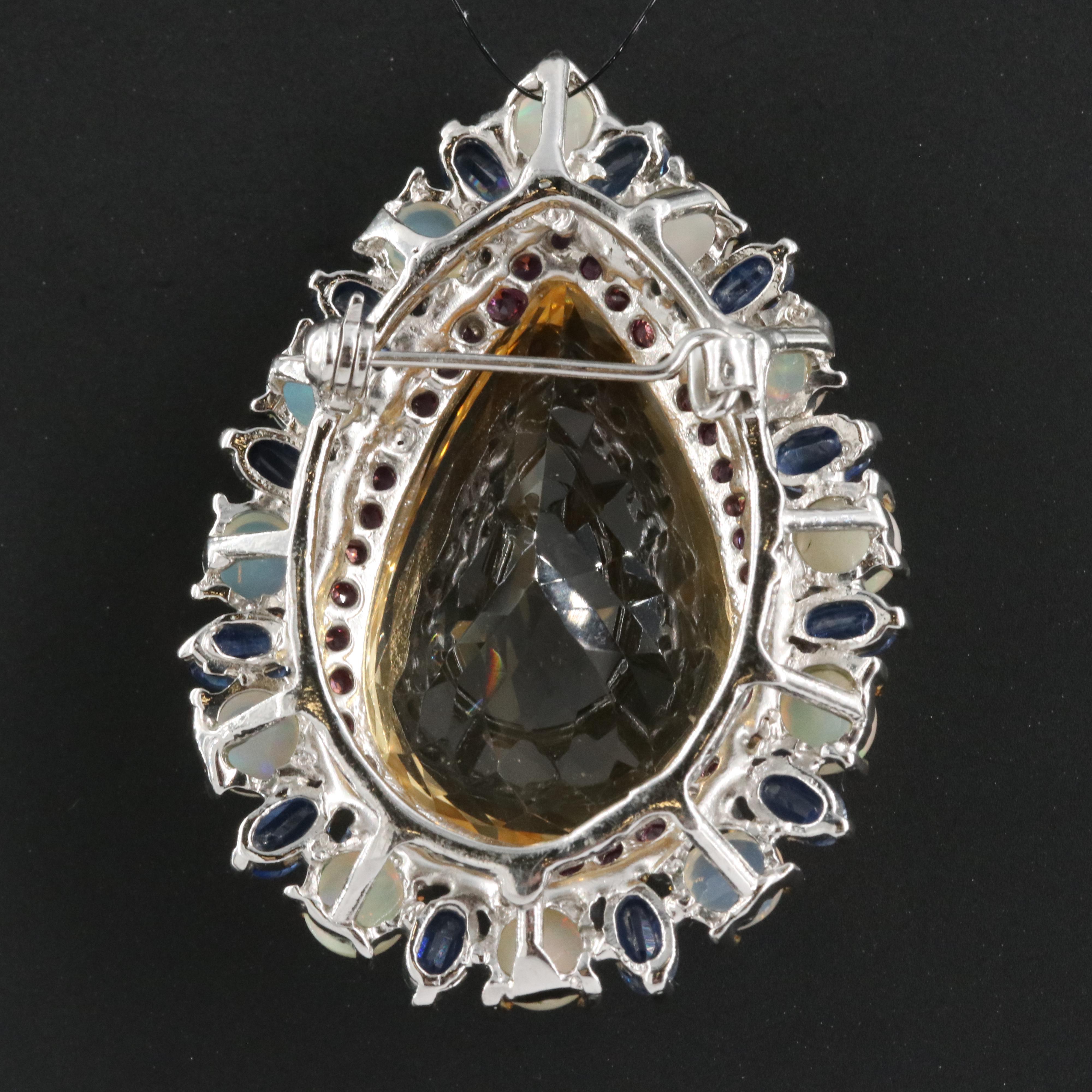 Sterling Citrine, Opal and Gemstone Teardrop Brooch