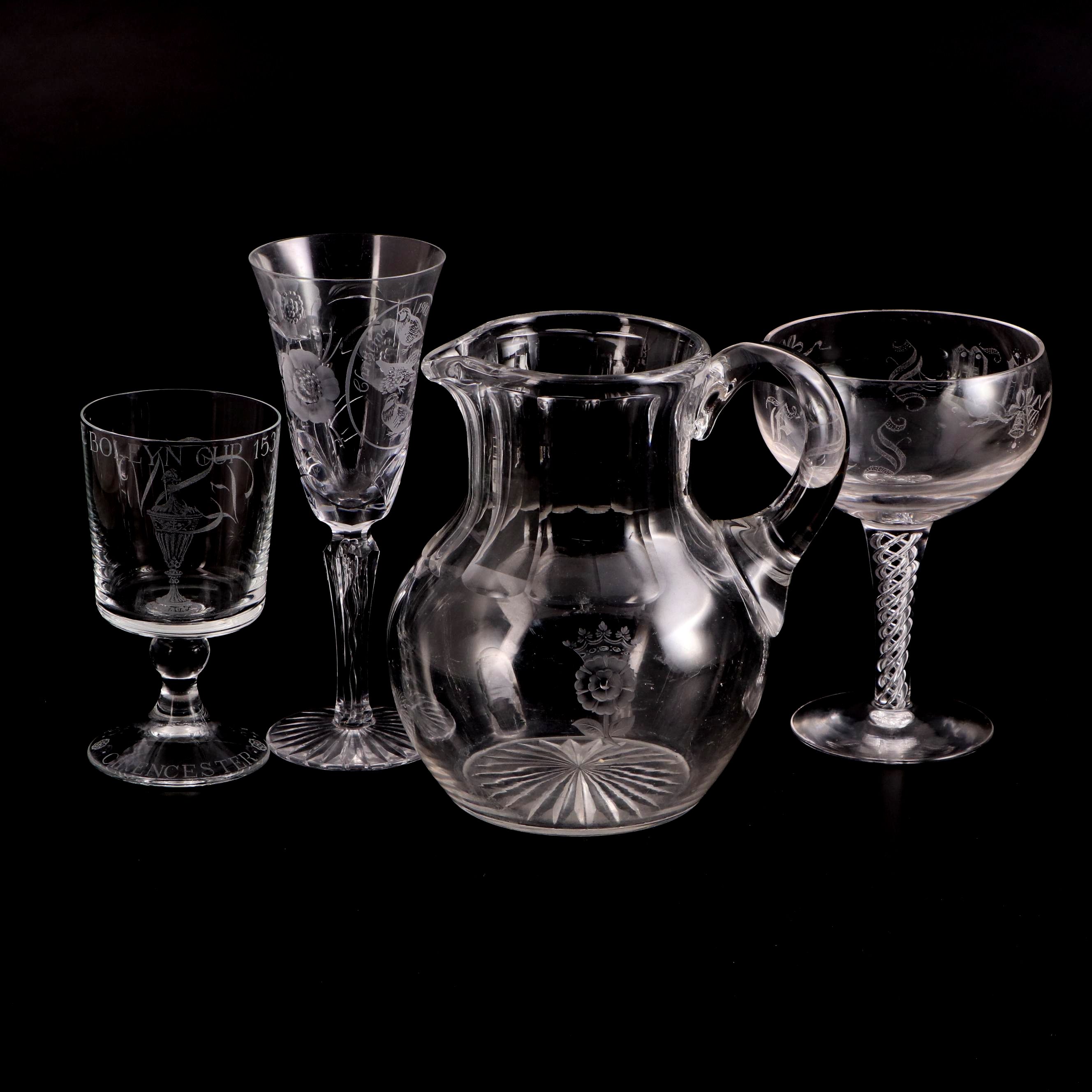 Royal Doulton and Other Etched and Engraved Stemware Glasses with Pitcher