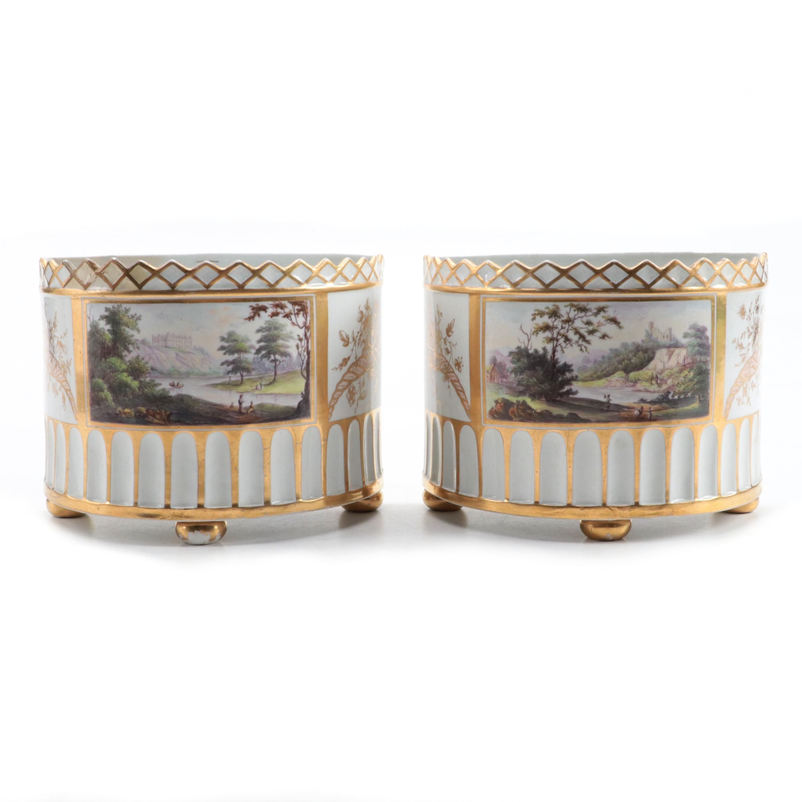 English Porcelain Scenic Demilune Bough Pots, Early to Mid 19th Century