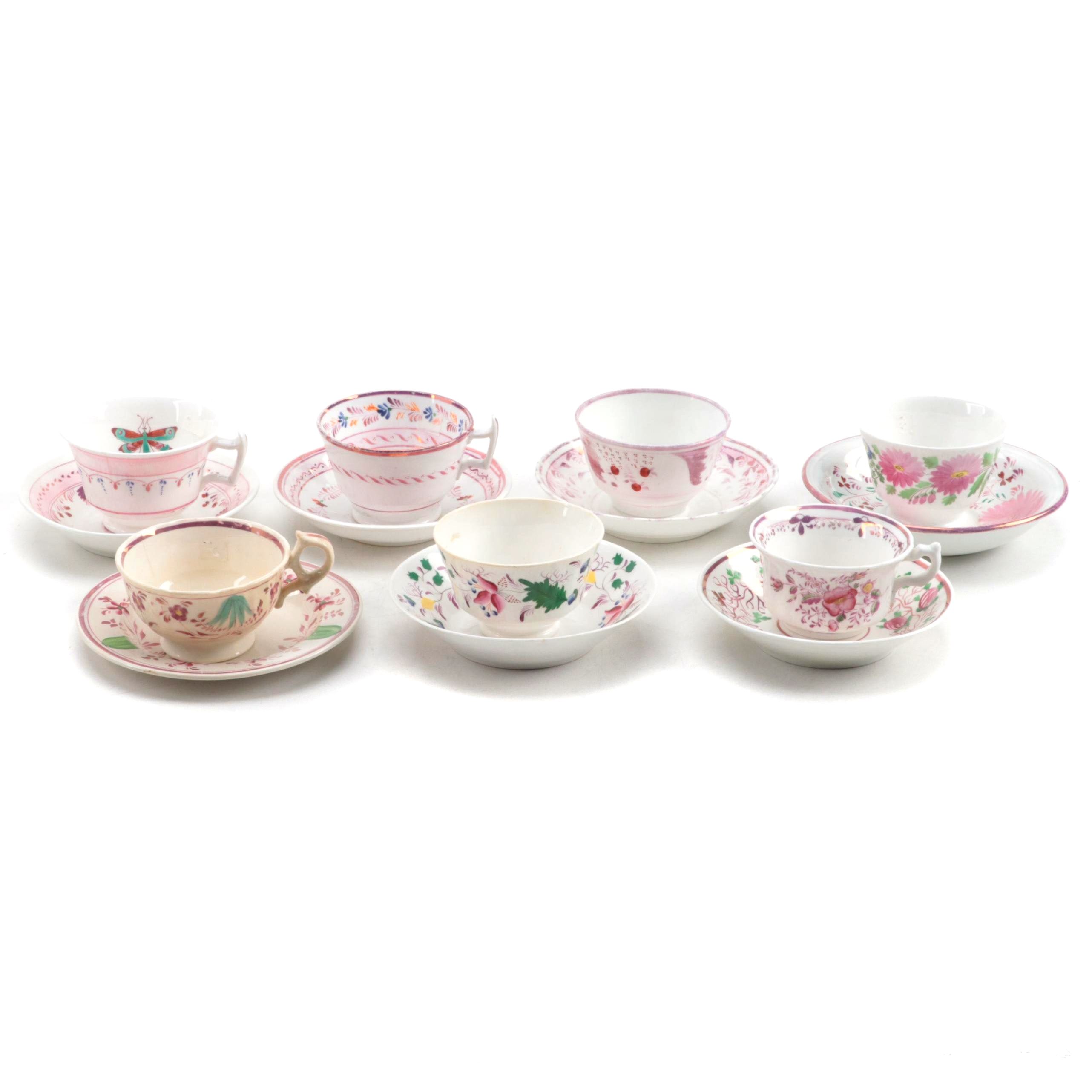 English Pearlware Pink Luster and Other Teacups and Tea Bowls, 19th Century