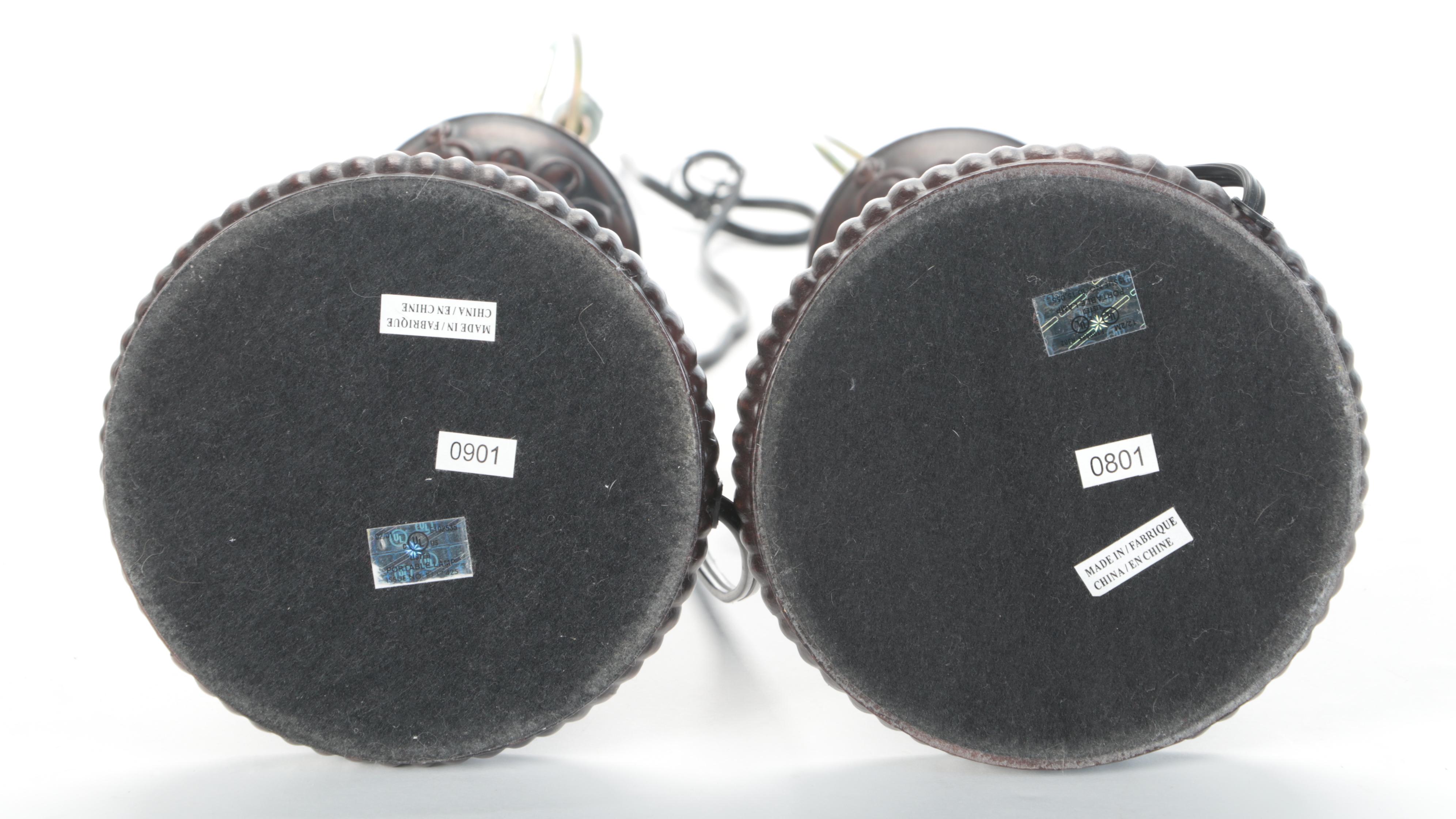 Pair of Slag Glass and Cast Metal Table Lamps, Contemporary