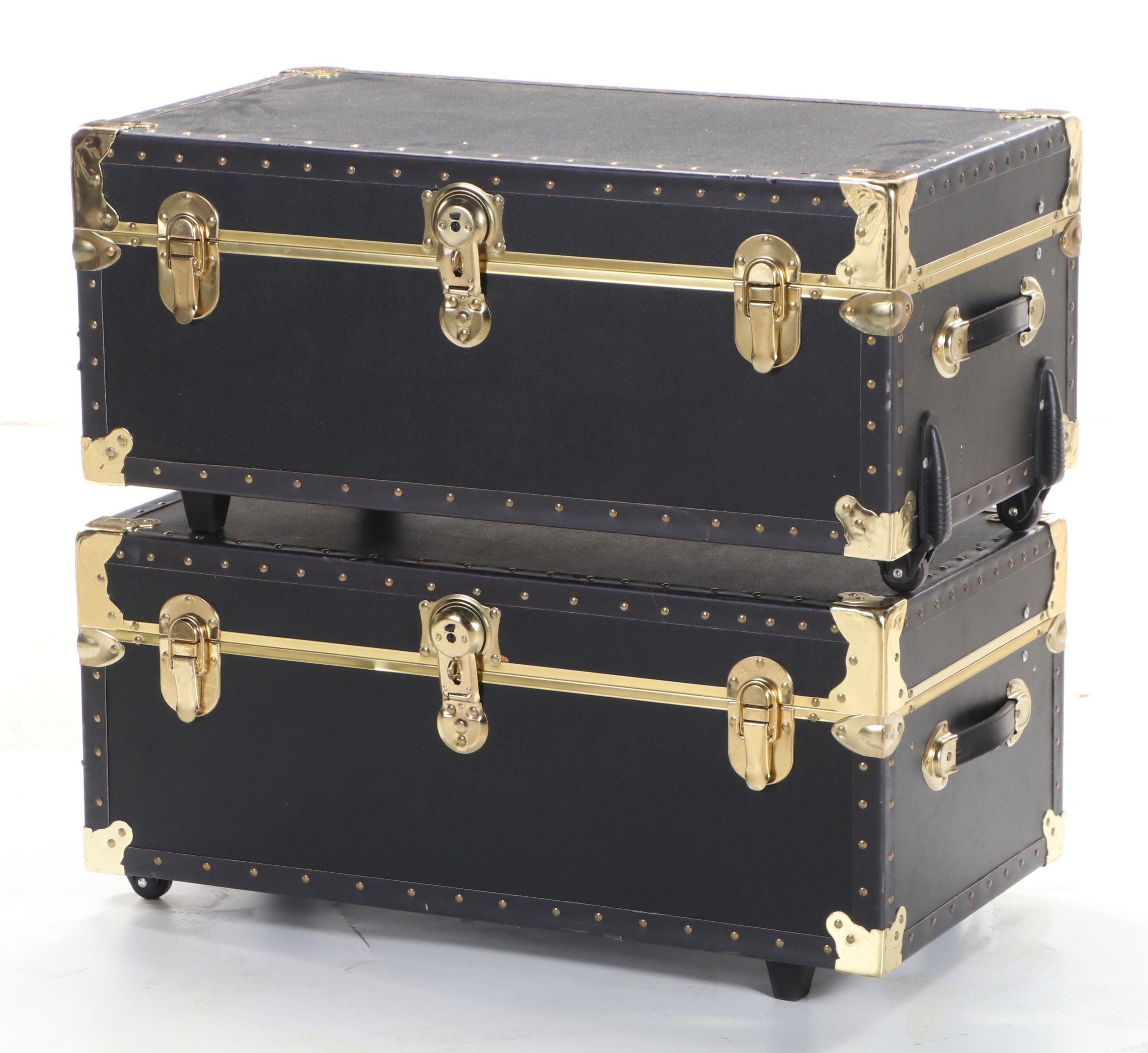 Pair of Brass-Mounted Stackable Footlockers with Collapsible Storage Racks