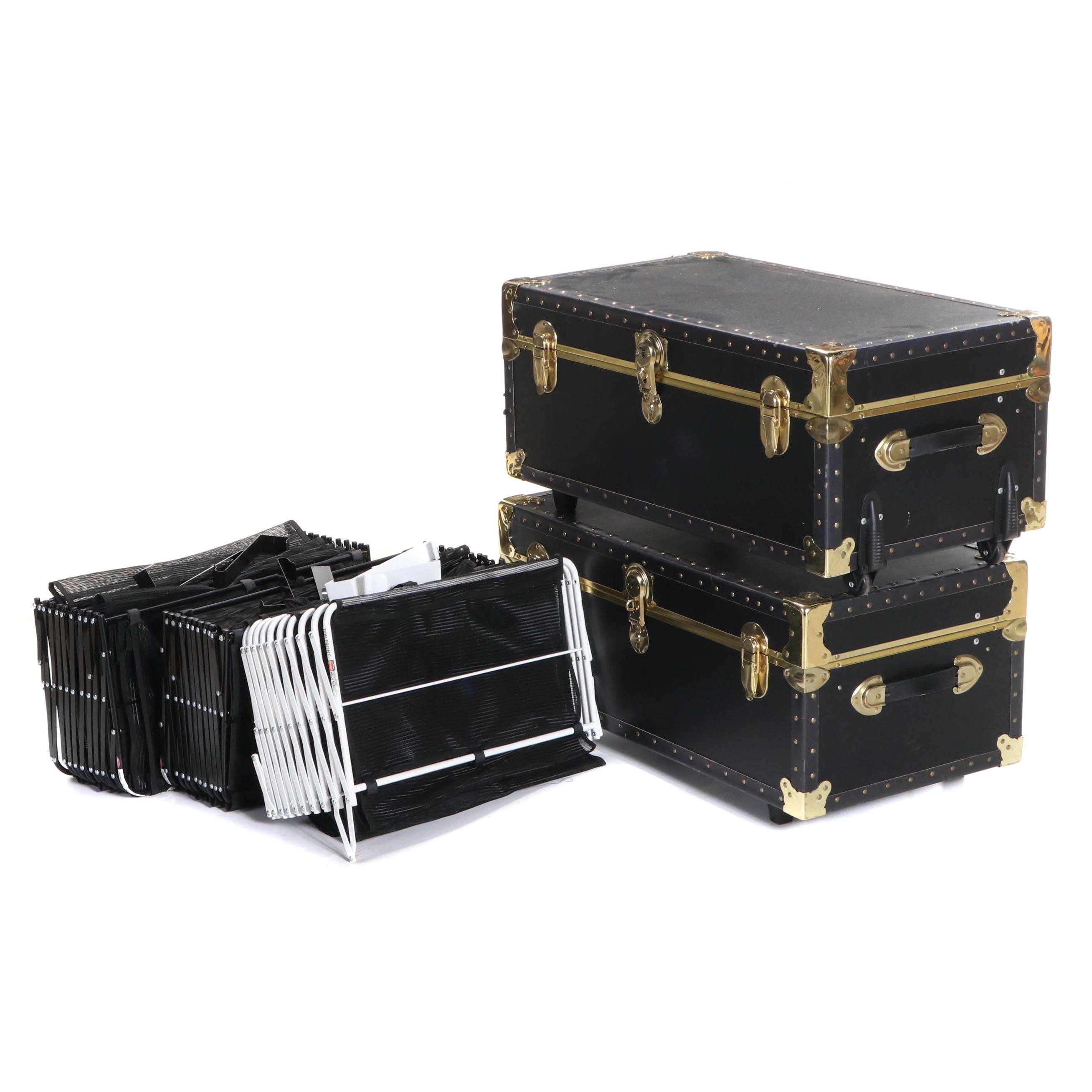 Pair of Brass-Mounted Stackable Footlockers with Collapsible Storage Racks