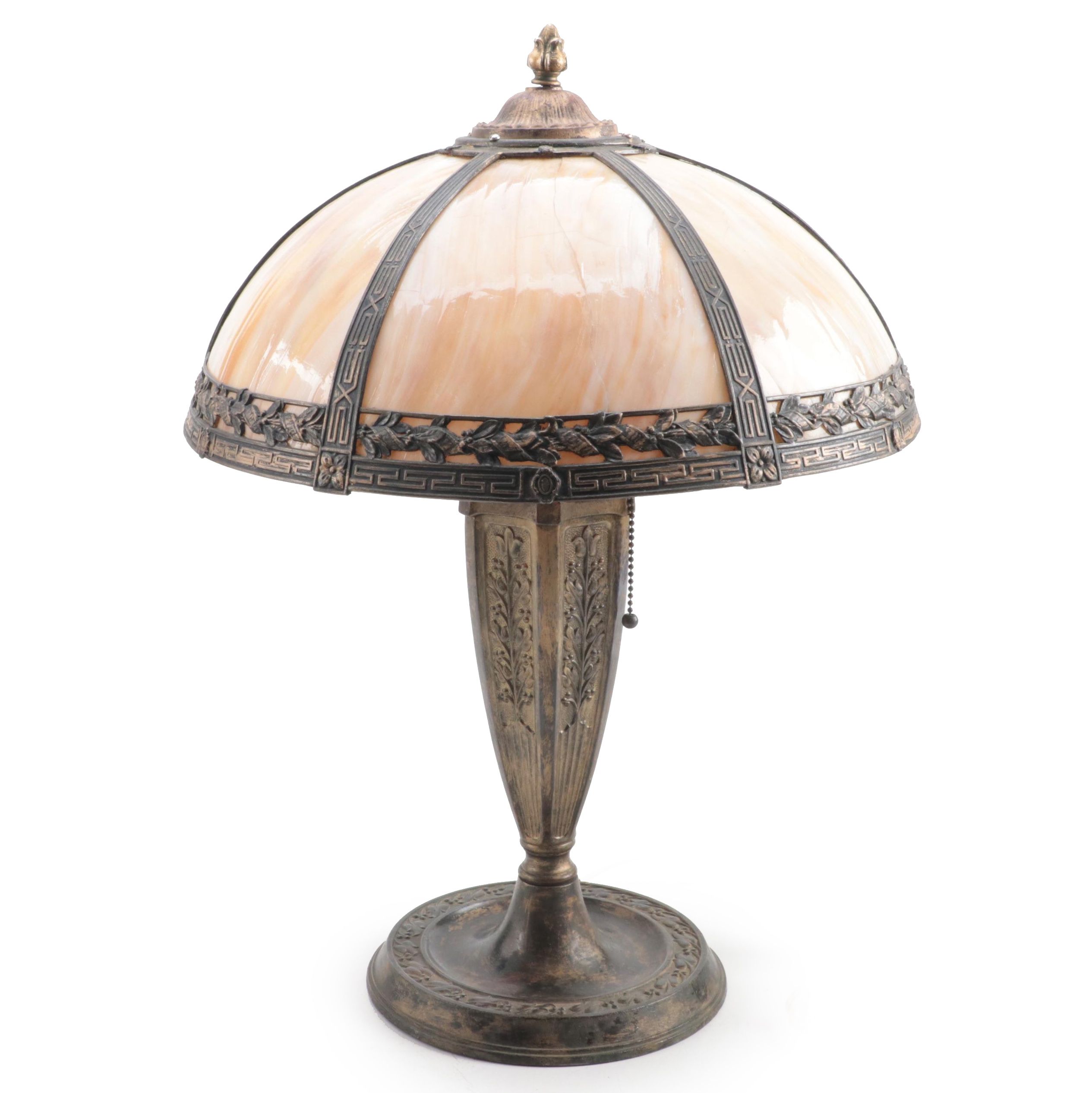 Neoclassical Bent Slag Glass Panel Lamp With Spelter Base, Early/ Mid-20th C