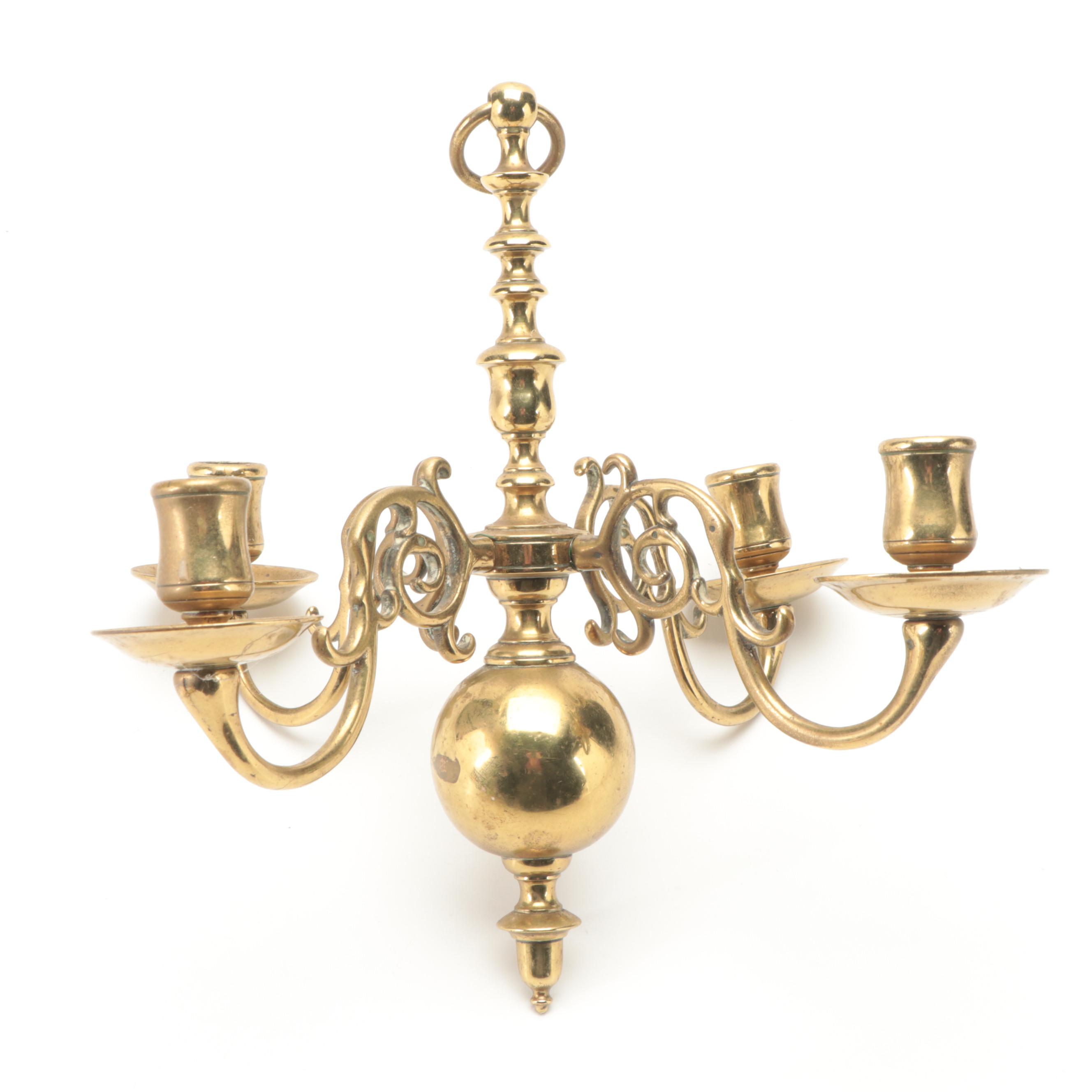 Small Dutch Brass Wall Mounted Four Branch Chandelier and Sconce, 18th Century