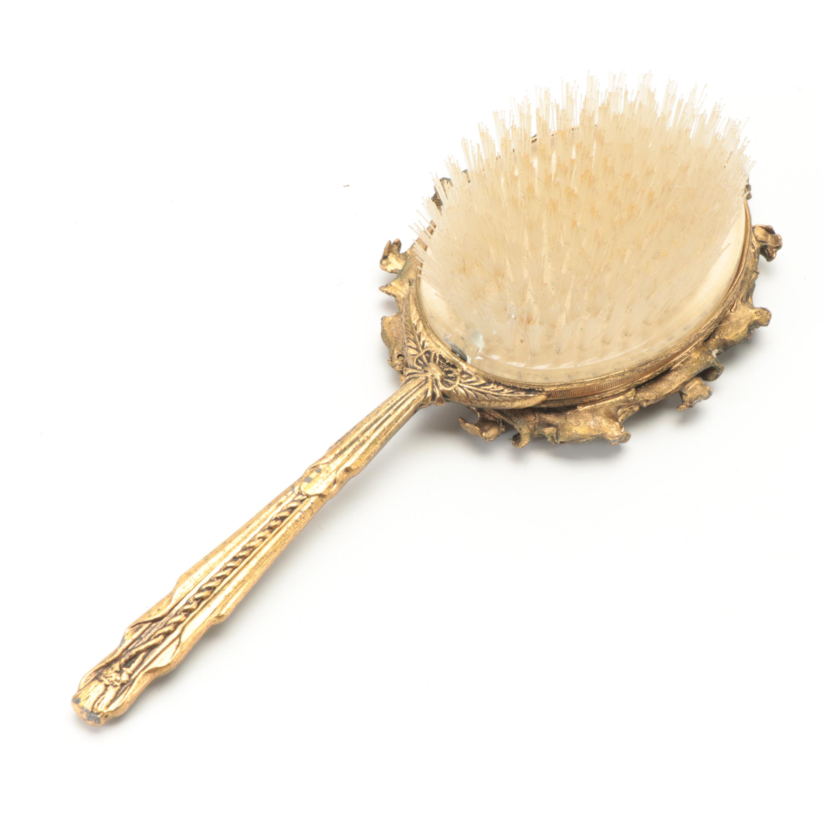 Globe Gilt Metal Beveled Glass Hand Mirror and Matching Brush