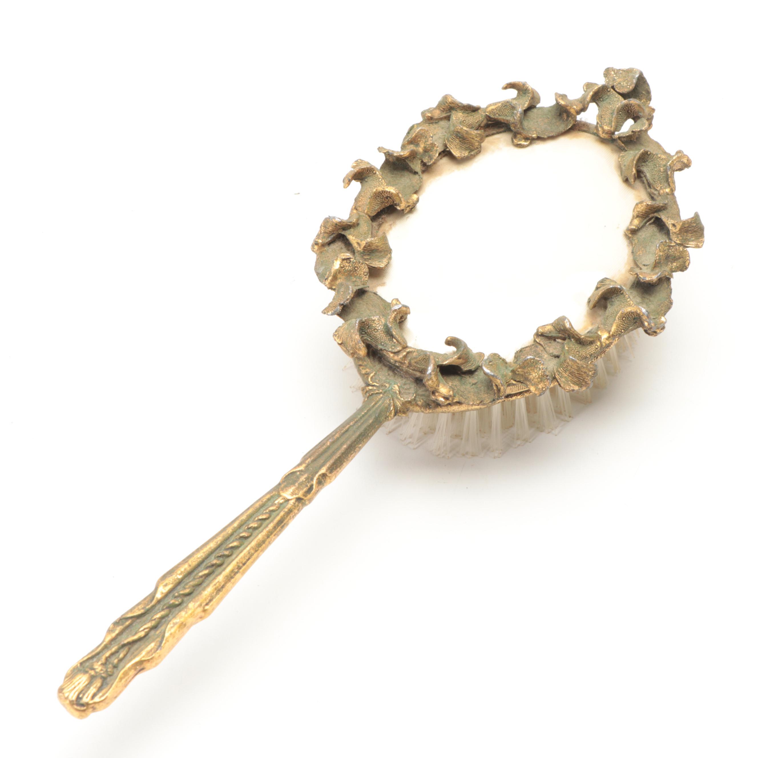 Globe Gilt Metal Beveled Glass Hand Mirror and Matching Brush