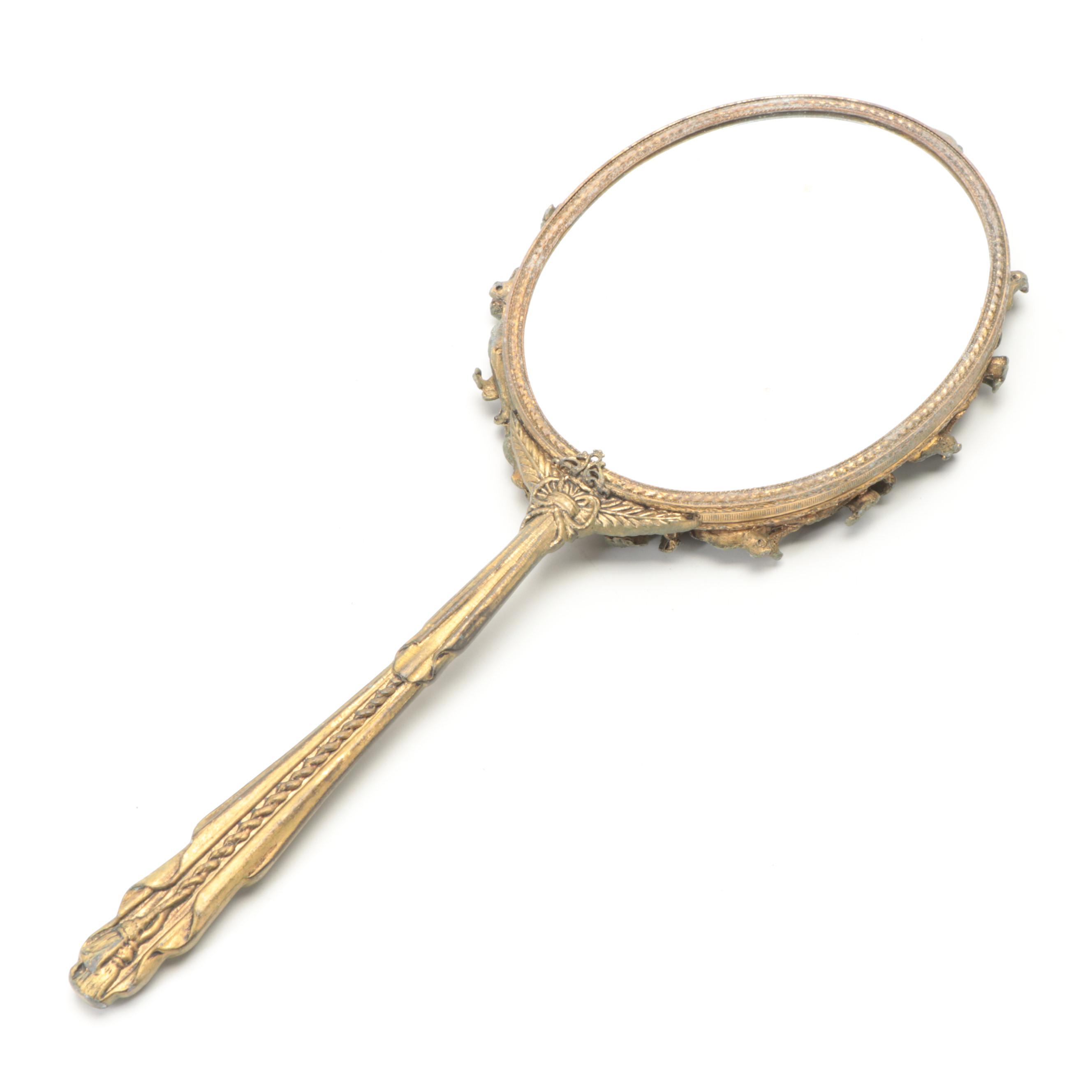 Globe Gilt Metal Beveled Glass Hand Mirror and Matching Brush