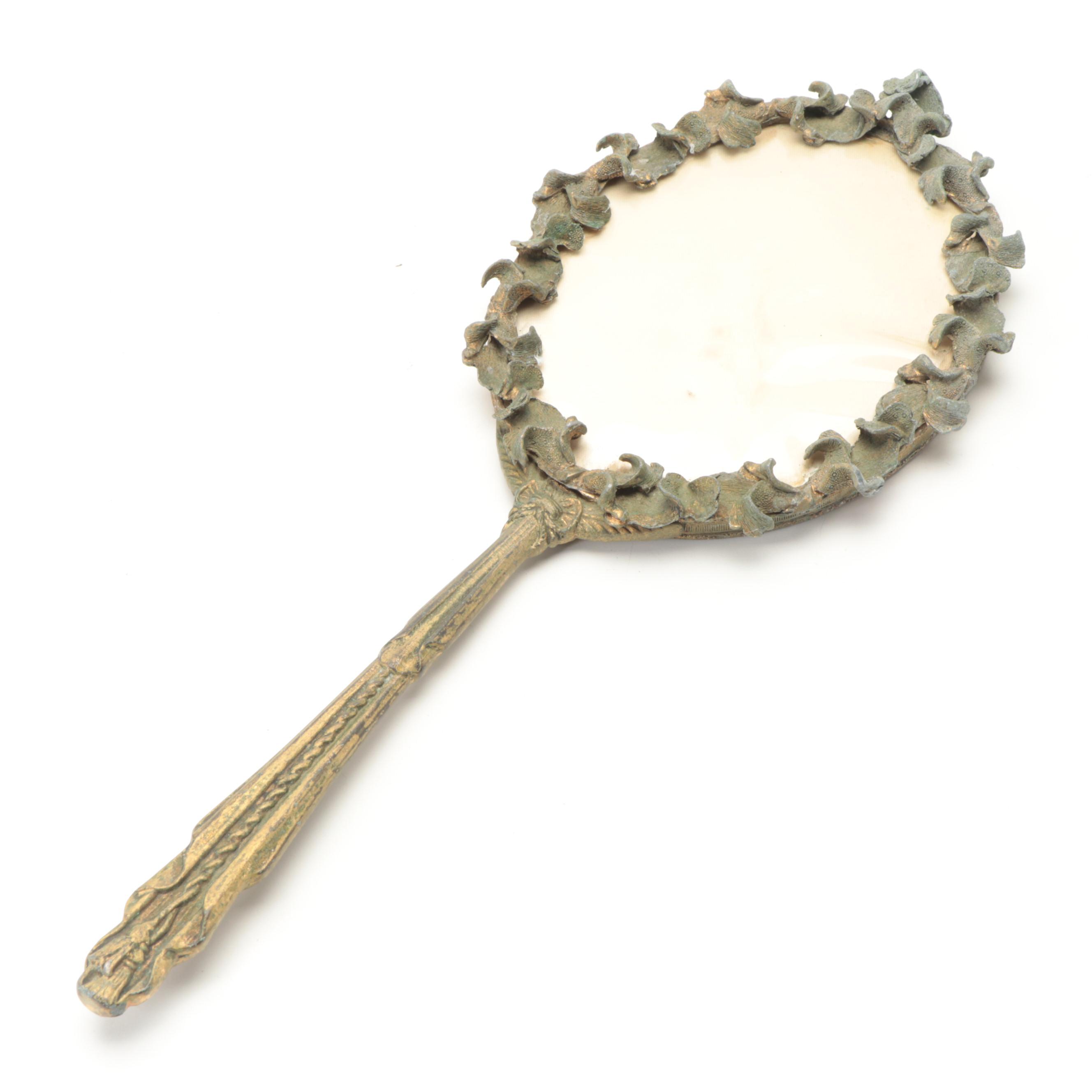 Globe Gilt Metal Beveled Glass Hand Mirror and Matching Brush