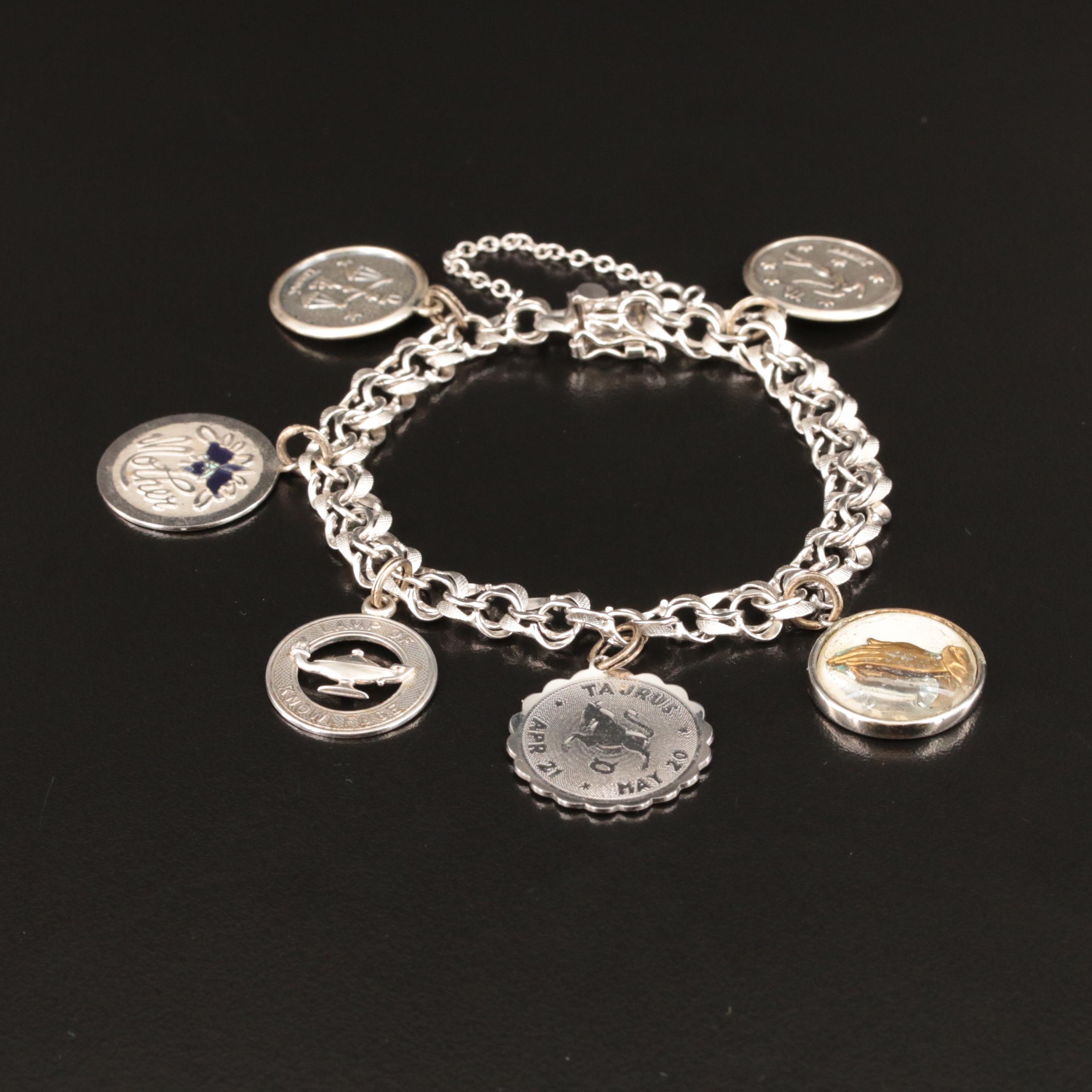 Sterling Glass and Enamel Charm Bracelet Featuring Zodiac Signs