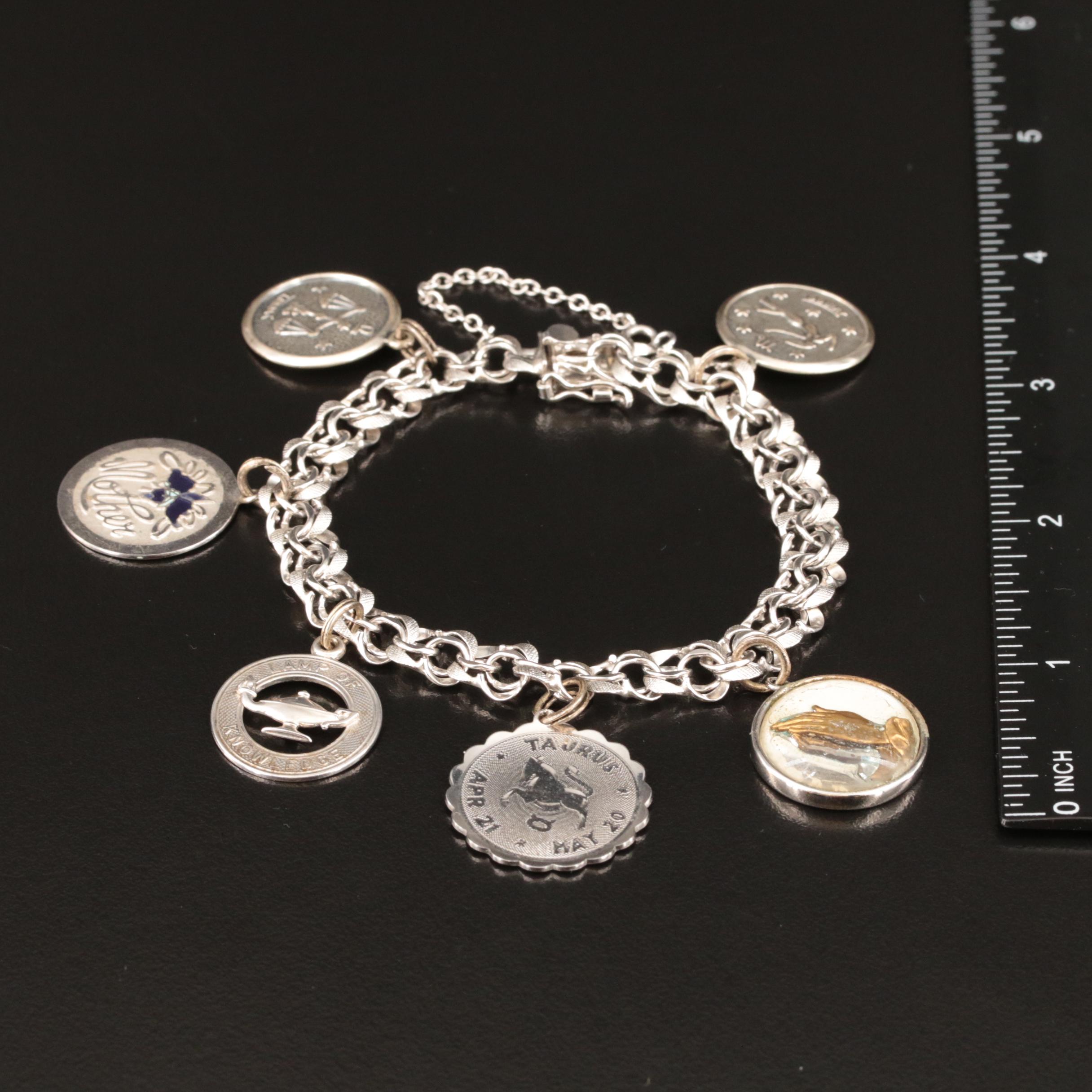 Sterling Glass and Enamel Charm Bracelet Featuring Zodiac Signs