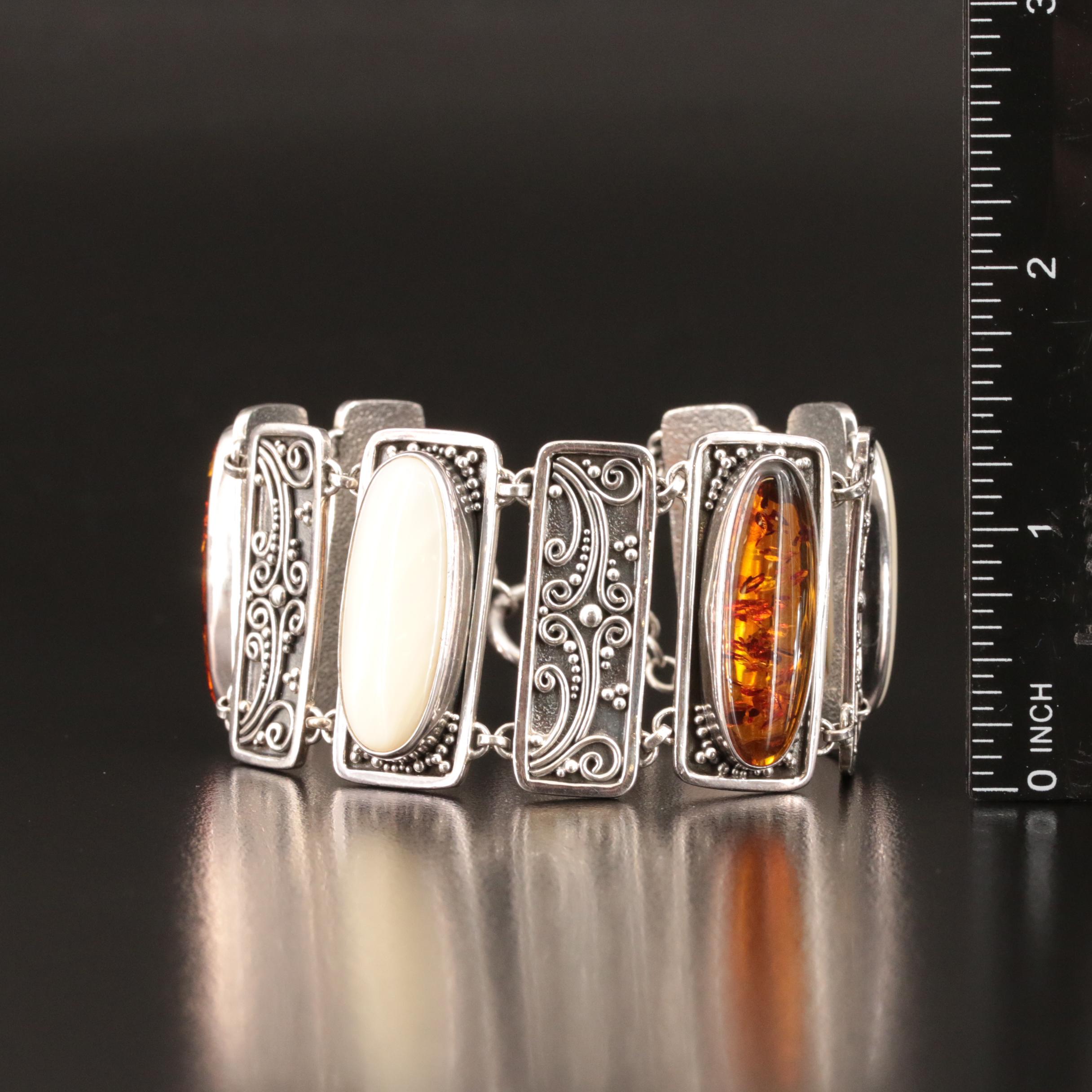 Sterling Amber and Mother-of-Pearl Panel Bracelet