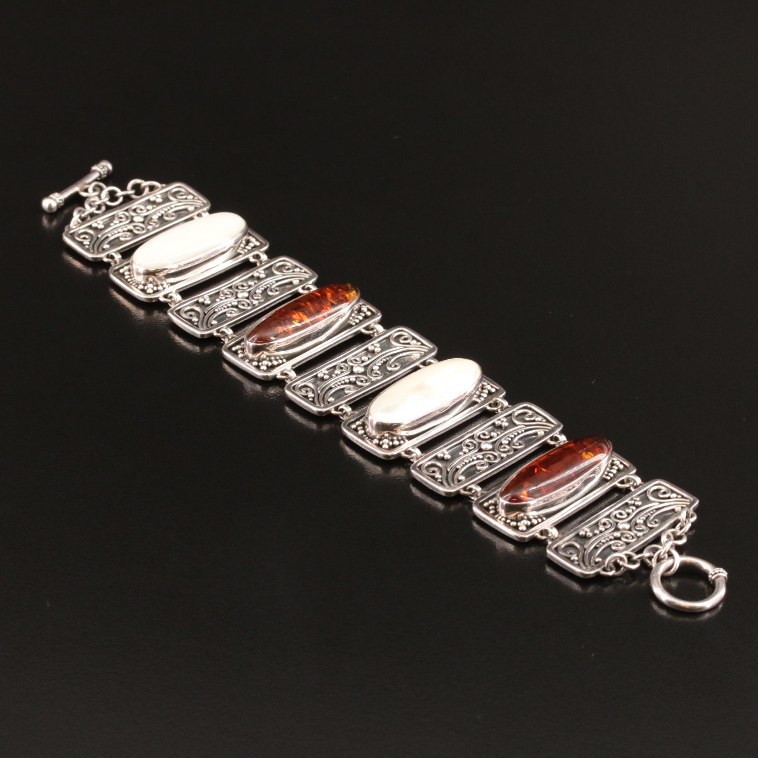 Sterling Amber and Mother-of-Pearl Panel Bracelet
