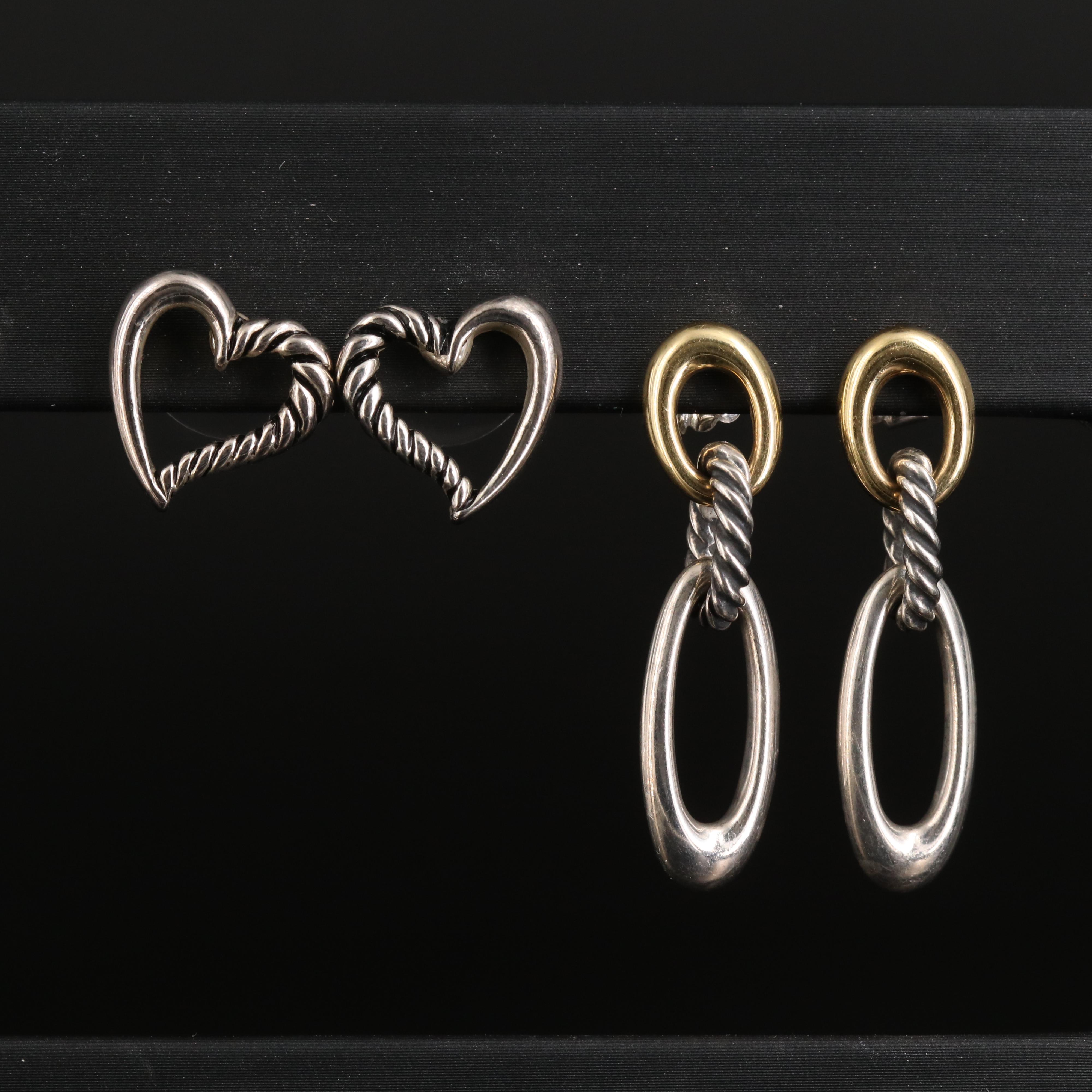 David Yurman Sterling and 18K Earrings with Heart Cable Earrings