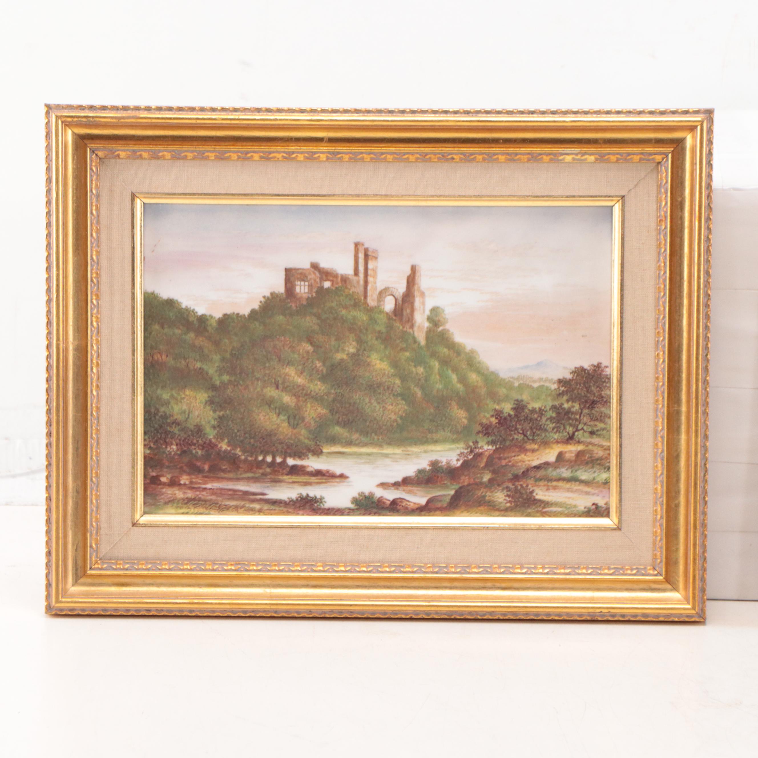 N.P. Nicholls Hand-Painted Porcelain Plaques "Pomeroy" and "Warwick" Castles