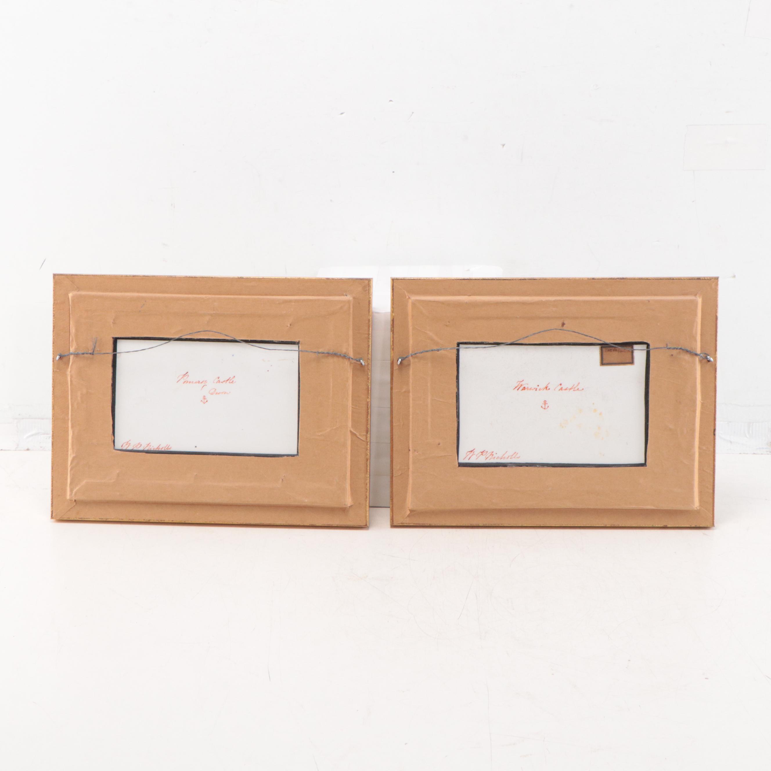 N.P. Nicholls Hand-Painted Porcelain Plaques "Pomeroy" and "Warwick" Castles