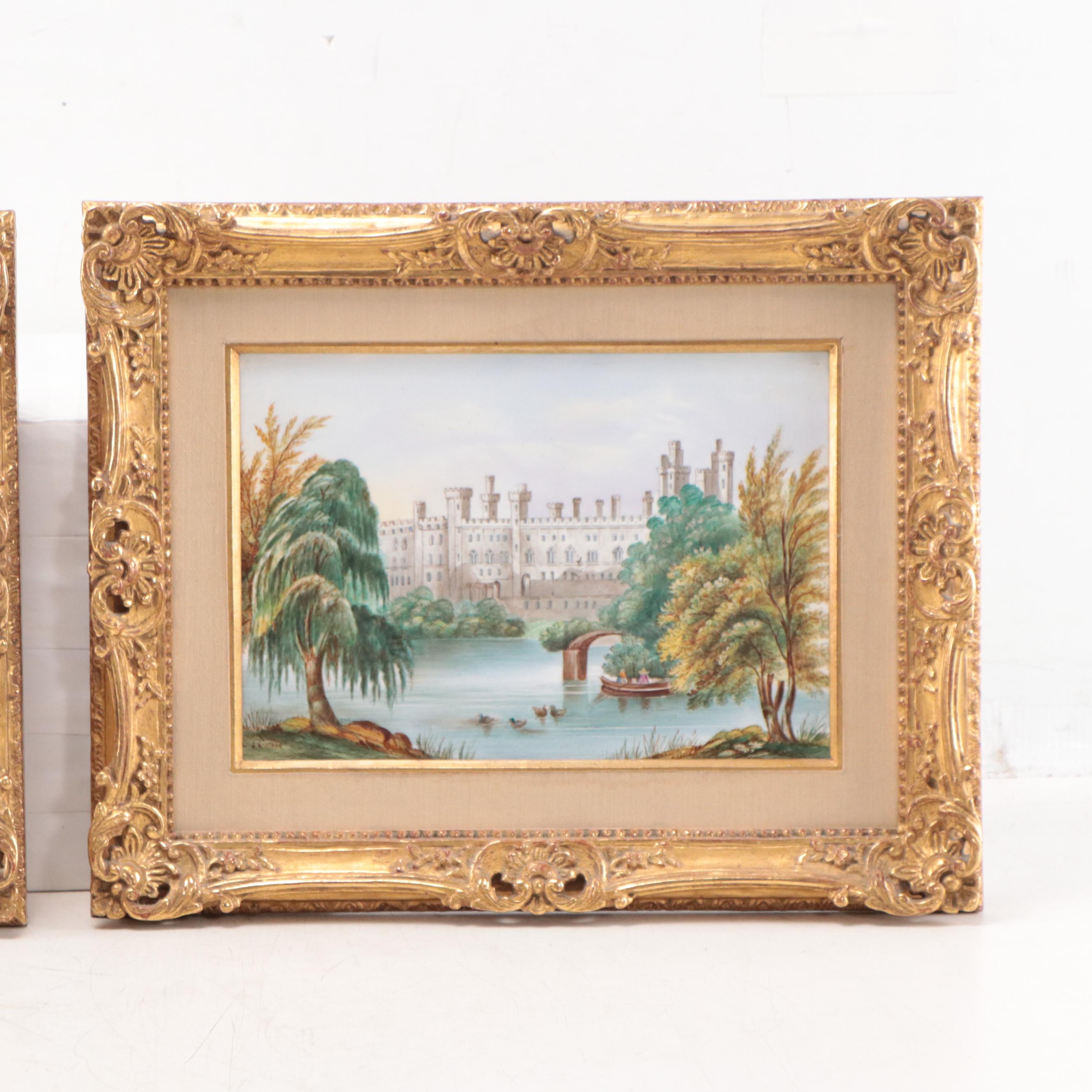 J. Hancock Hand-Painted Porcelain Plaques "Chatsworth" and "Warwick Castle"
