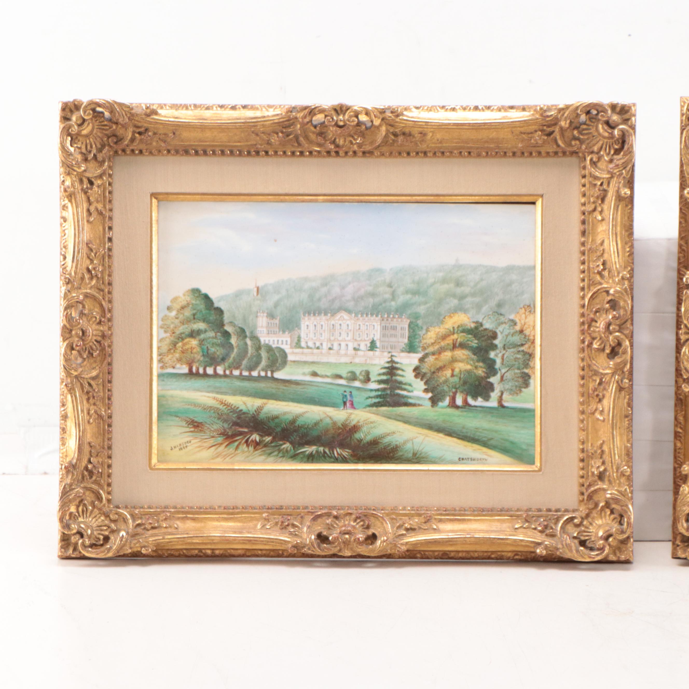 J. Hancock Hand-Painted Porcelain Plaques "Chatsworth" and "Warwick Castle"