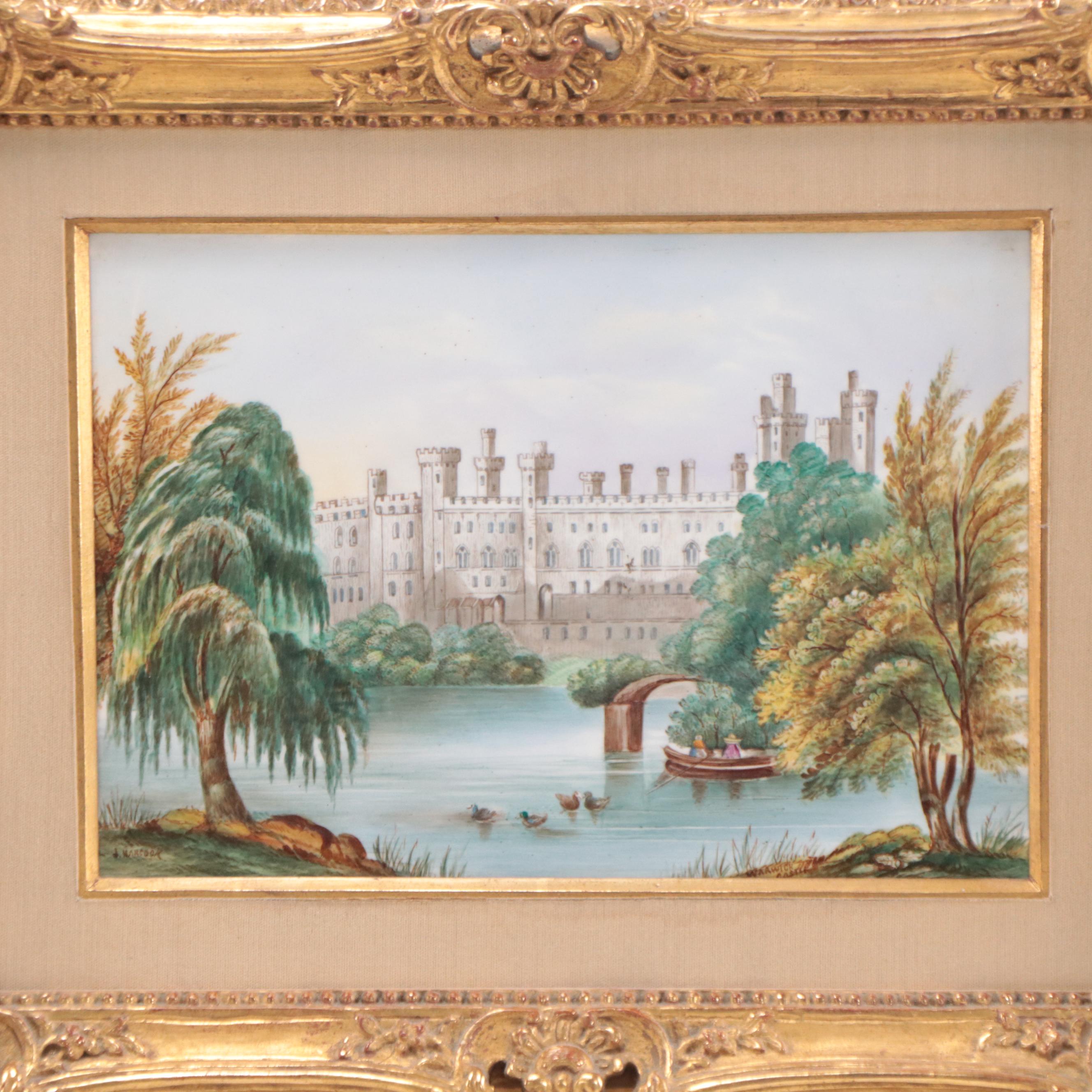 J. Hancock Hand-Painted Porcelain Plaques "Chatsworth" and "Warwick Castle"