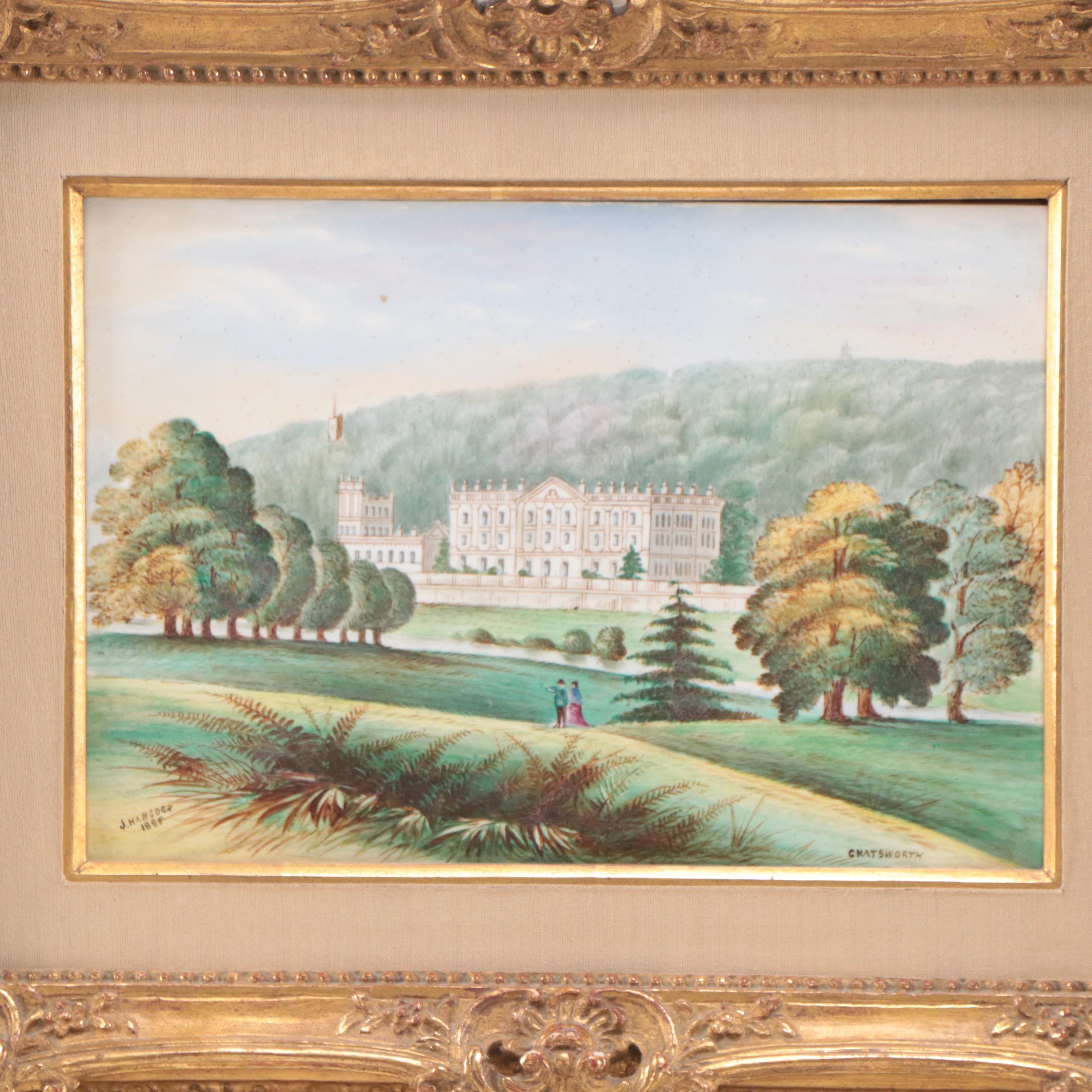 J. Hancock Hand-Painted Porcelain Plaques "Chatsworth" and "Warwick Castle"