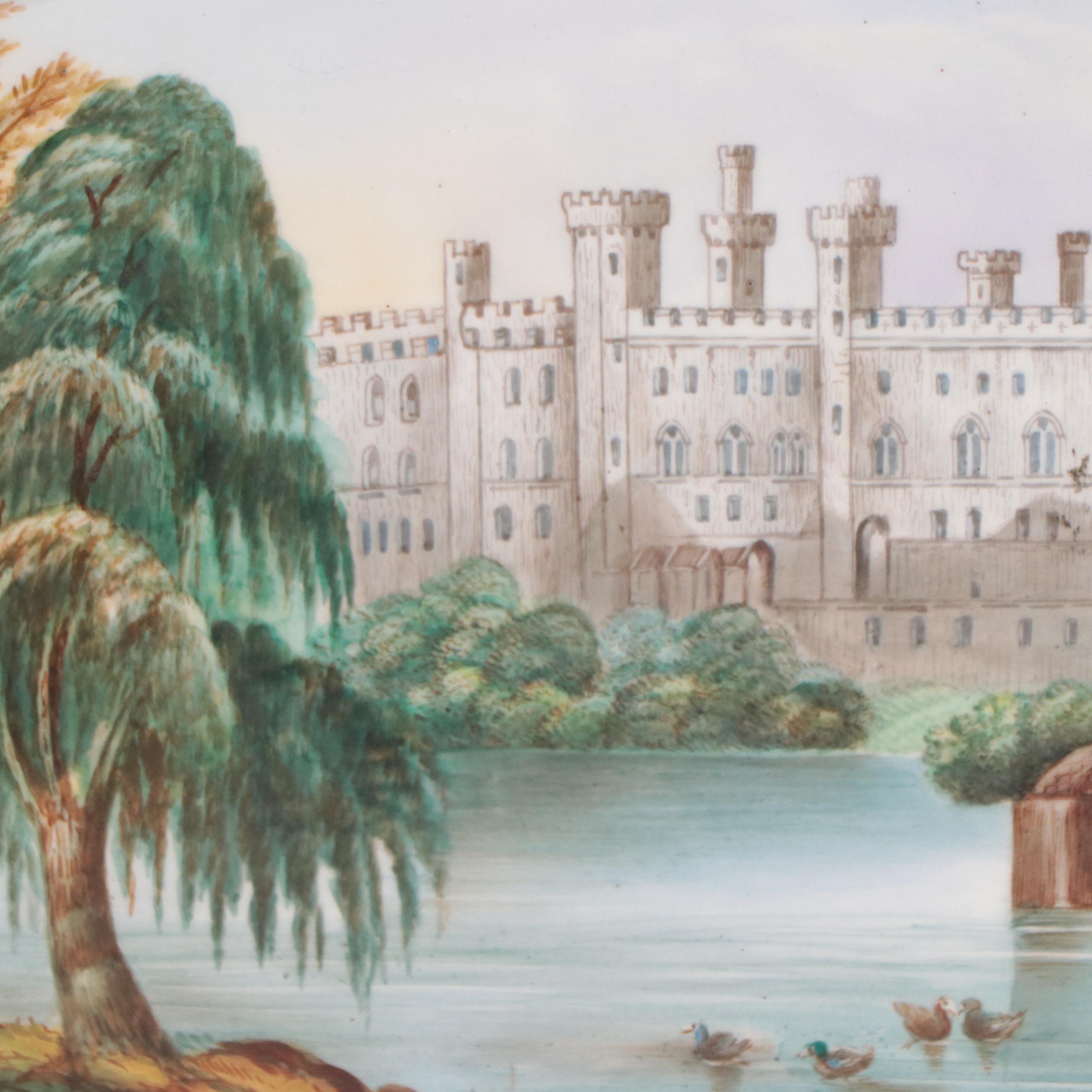 J. Hancock Hand-Painted Porcelain Plaques "Chatsworth" and "Warwick Castle"