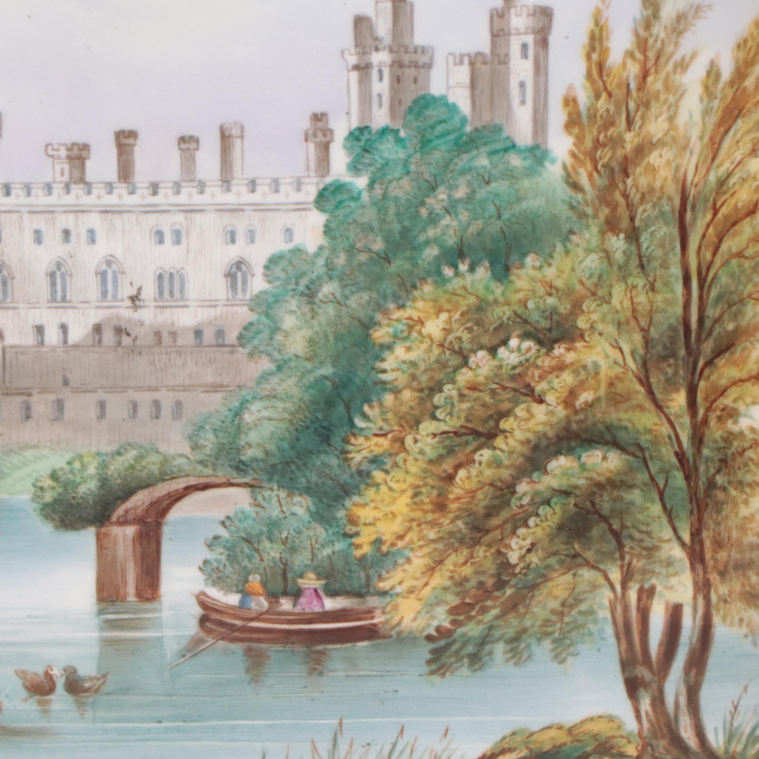 J. Hancock Hand-Painted Porcelain Plaques "Chatsworth" and "Warwick Castle"