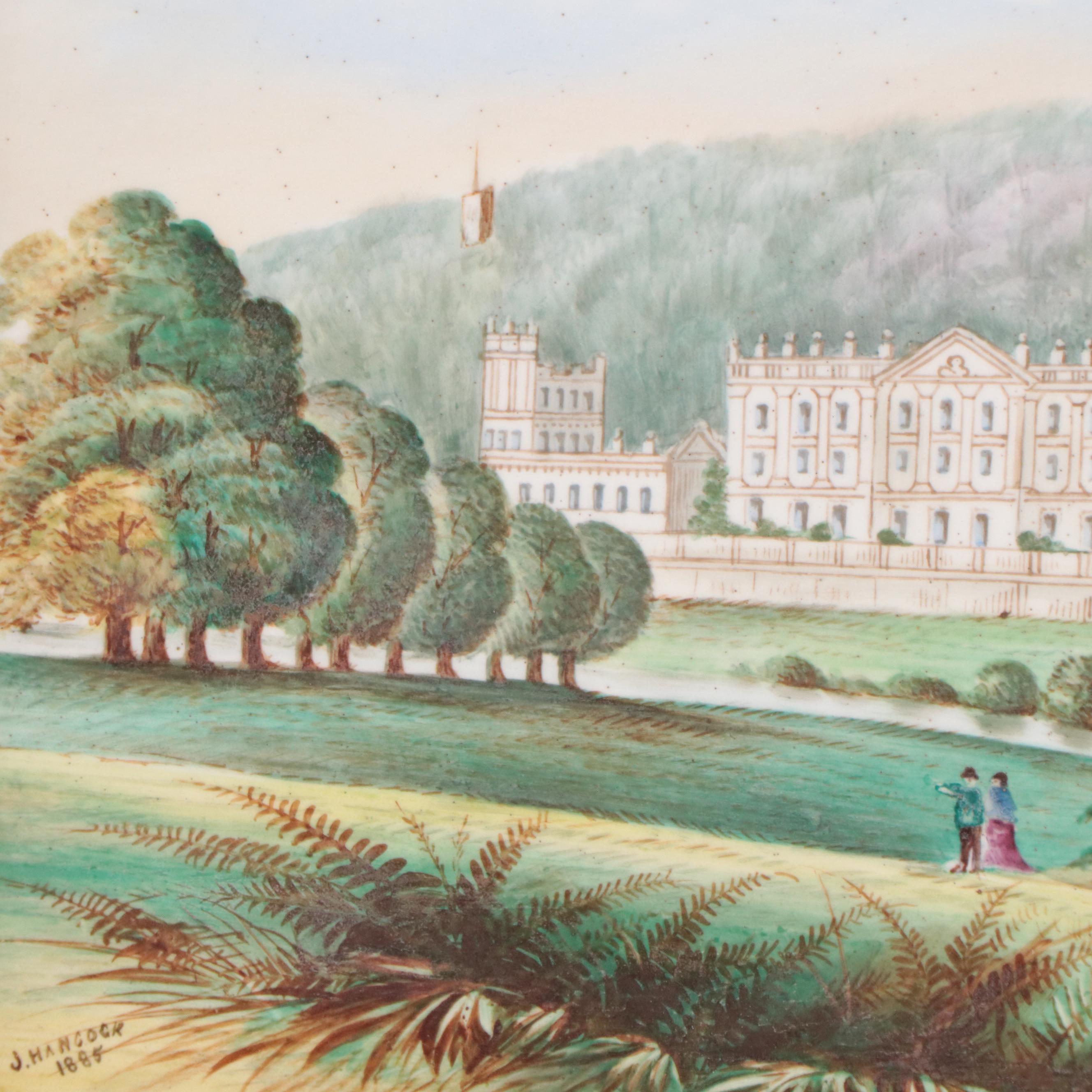 J. Hancock Hand-Painted Porcelain Plaques "Chatsworth" and "Warwick Castle"