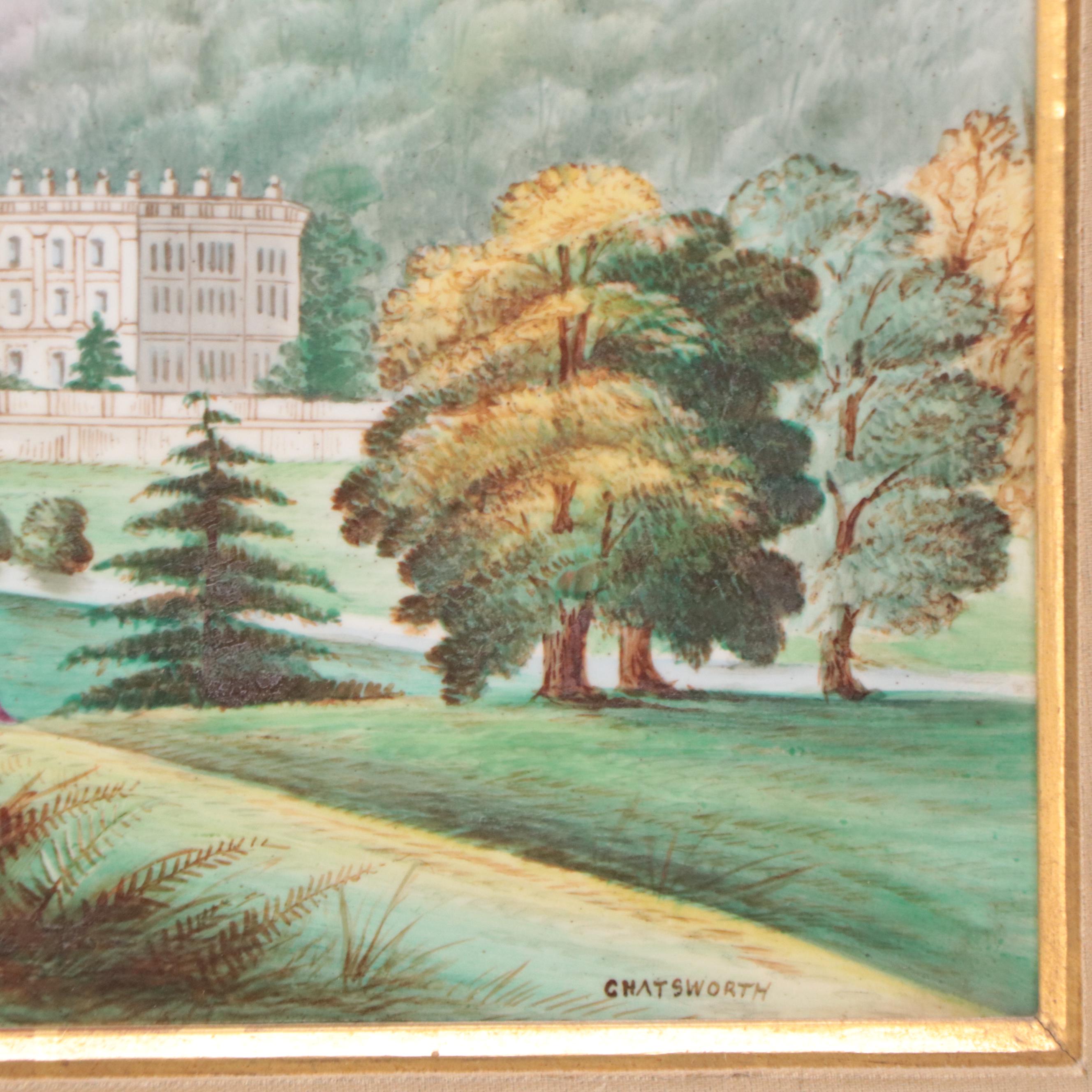 J. Hancock Hand-Painted Porcelain Plaques "Chatsworth" and "Warwick Castle"