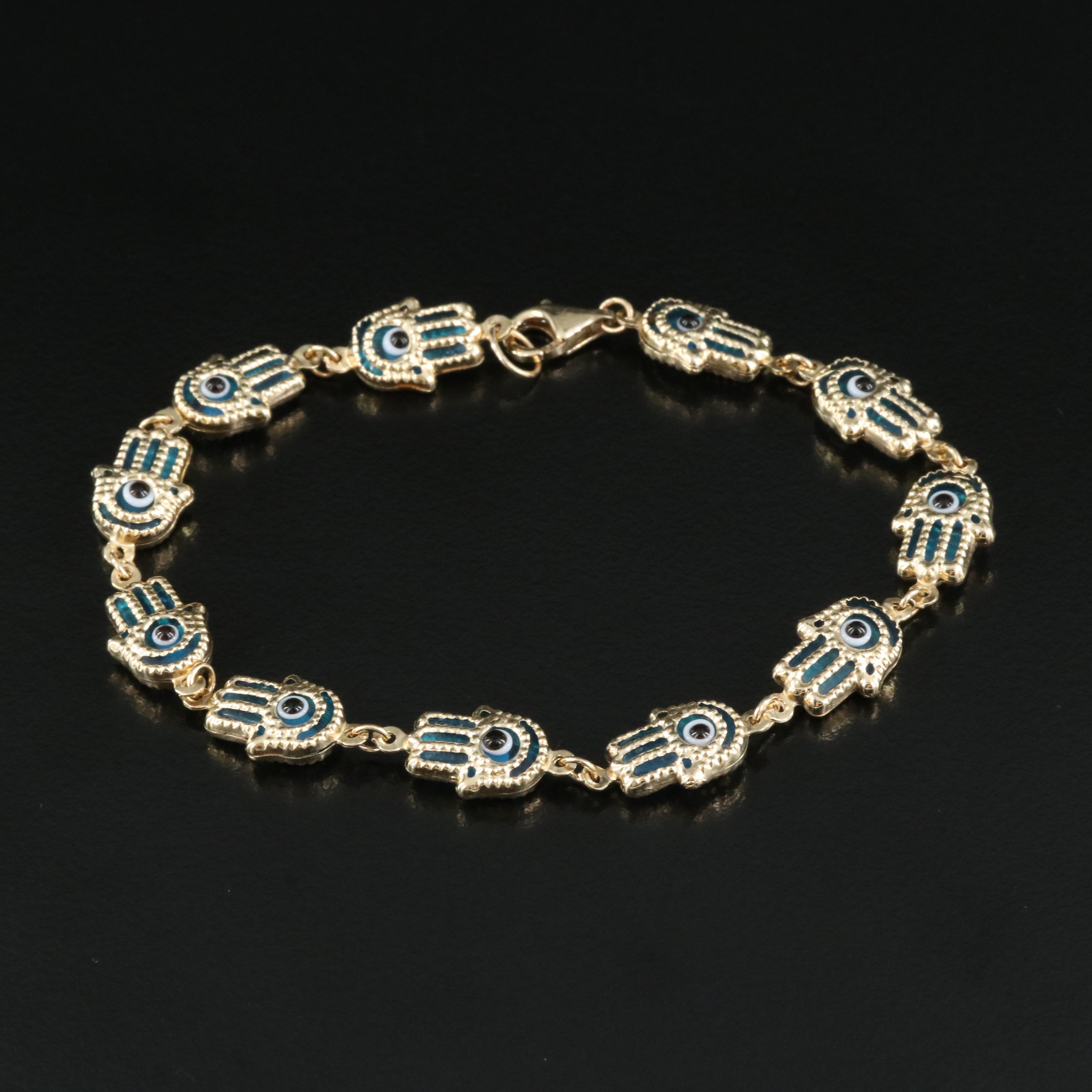 14K Evil Eye Hamsa Link Bracelet