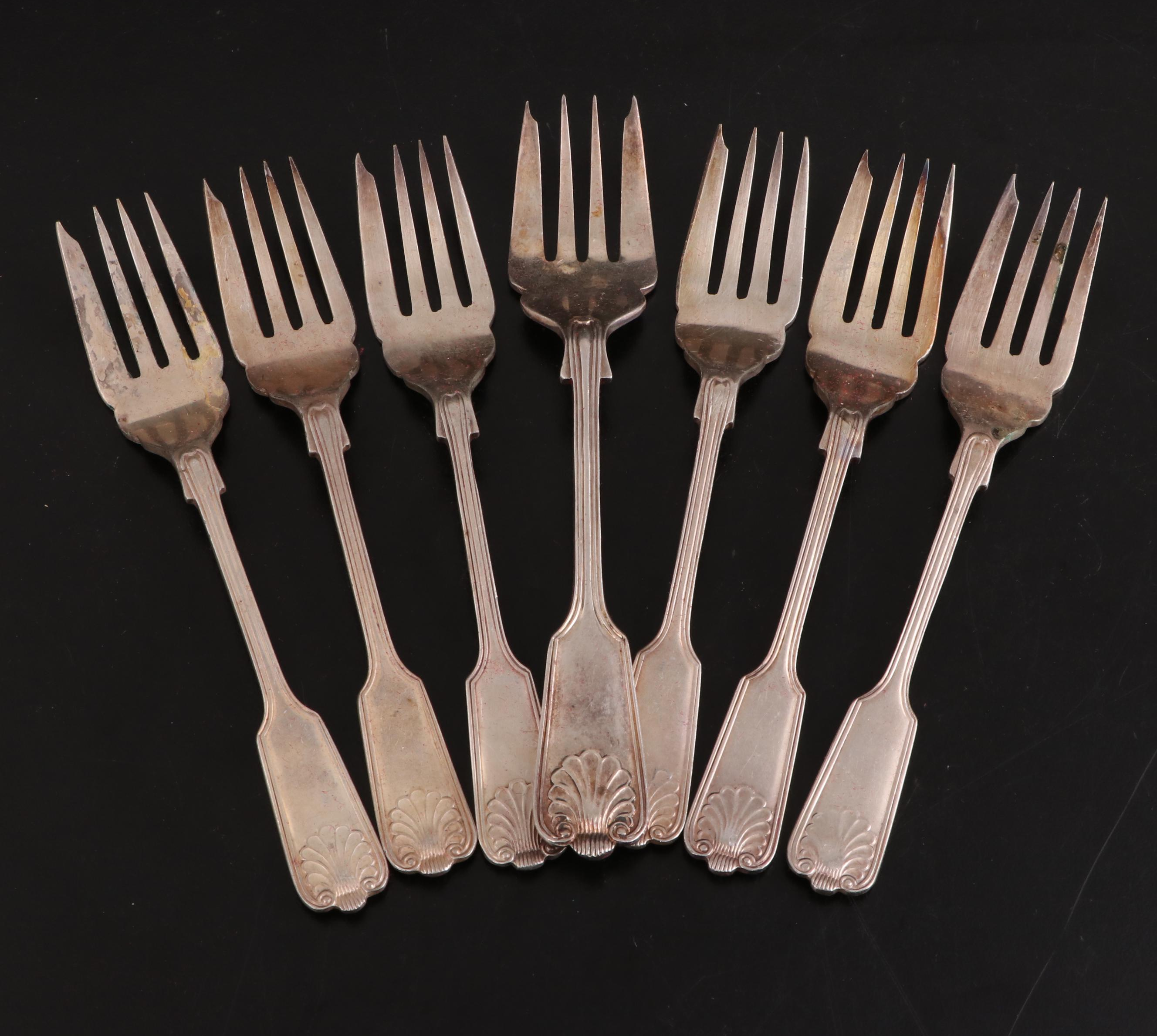 William Adams Silver Plate Fiddle Shell Handled Flatware, Early 20th Century