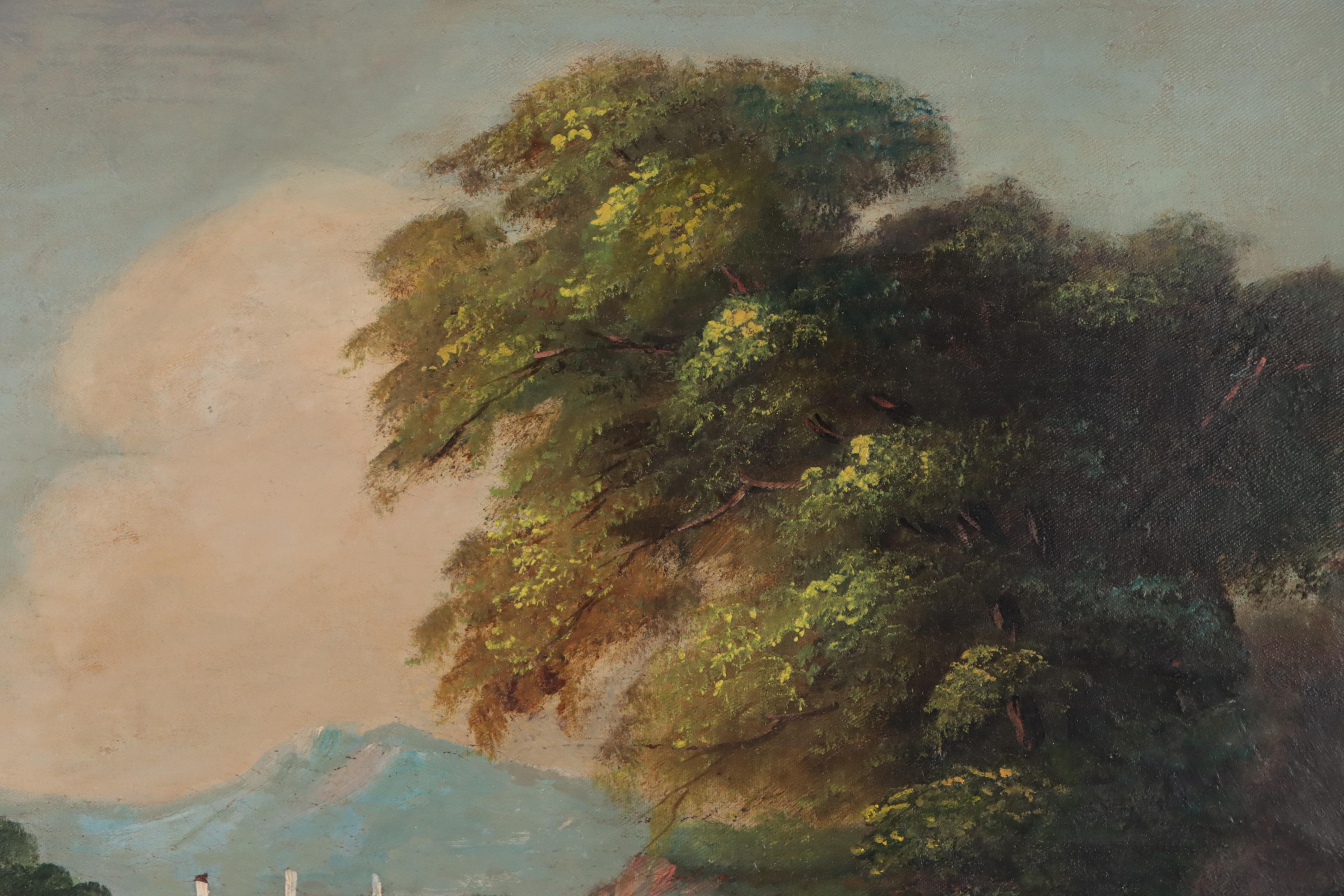 Joseph H. Hidley Oil Painting of Boats In European River Landscape