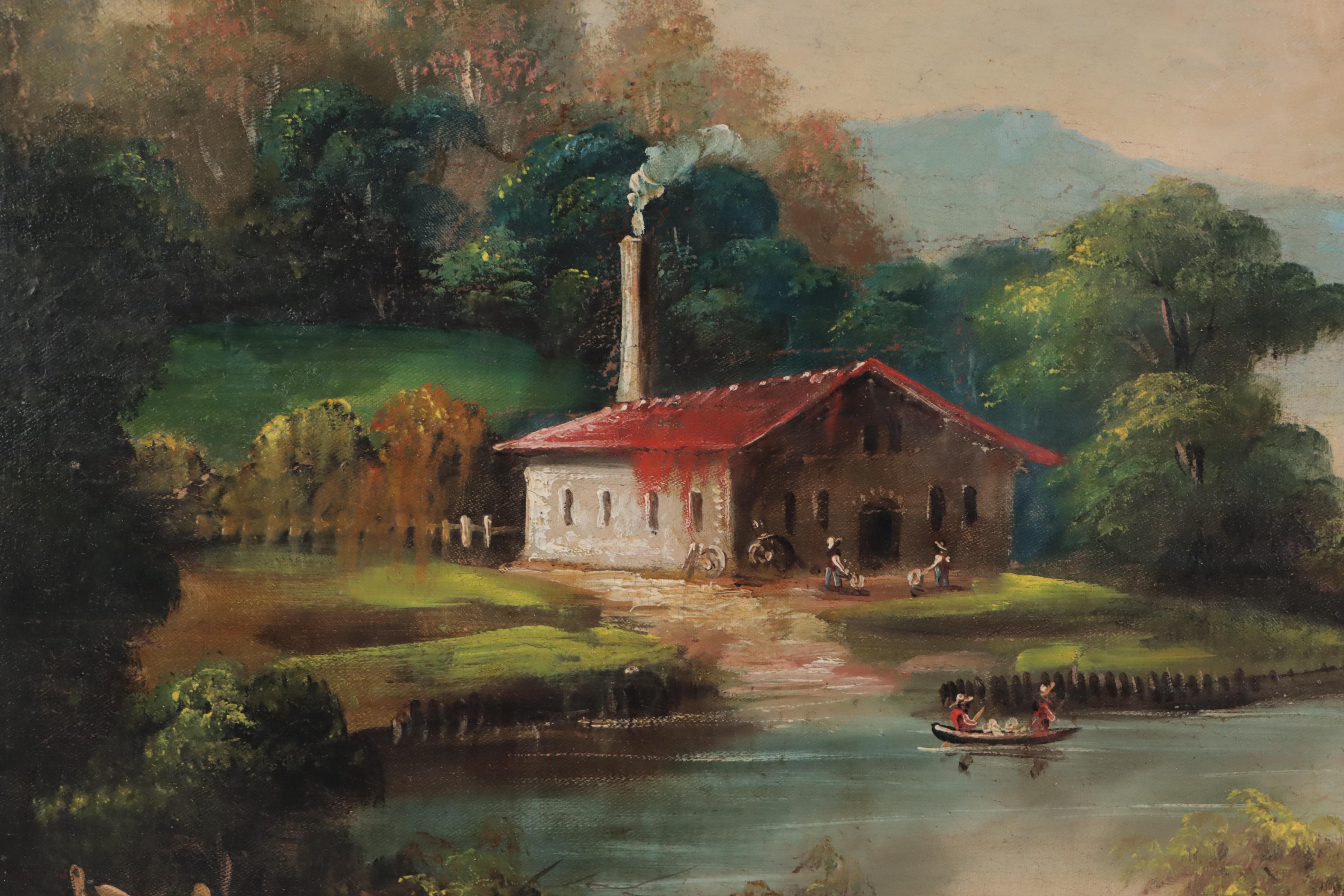 Joseph H. Hidley Oil Painting of Boats In European River Landscape