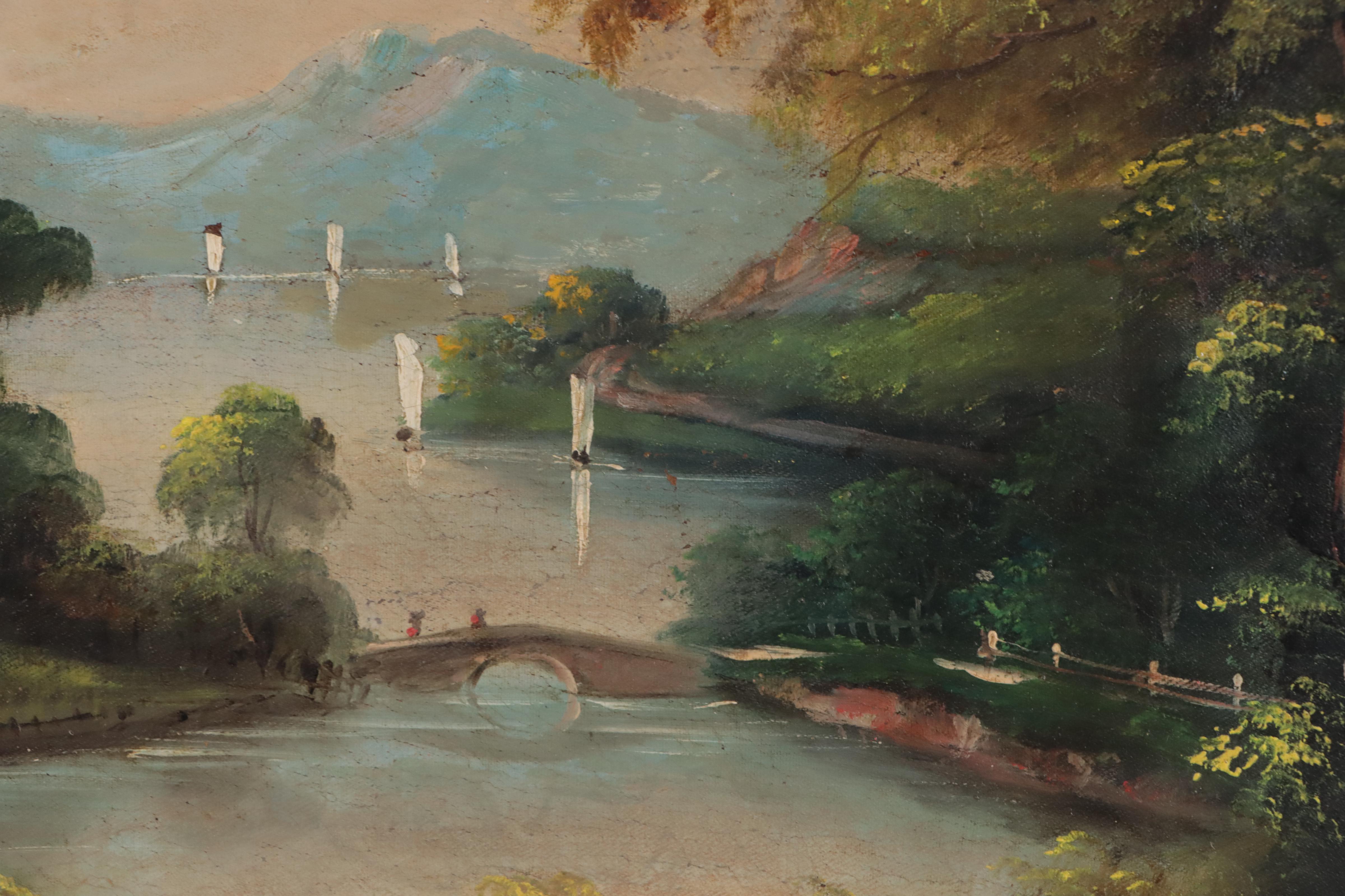 Joseph H. Hidley Oil Painting of Boats In European River Landscape