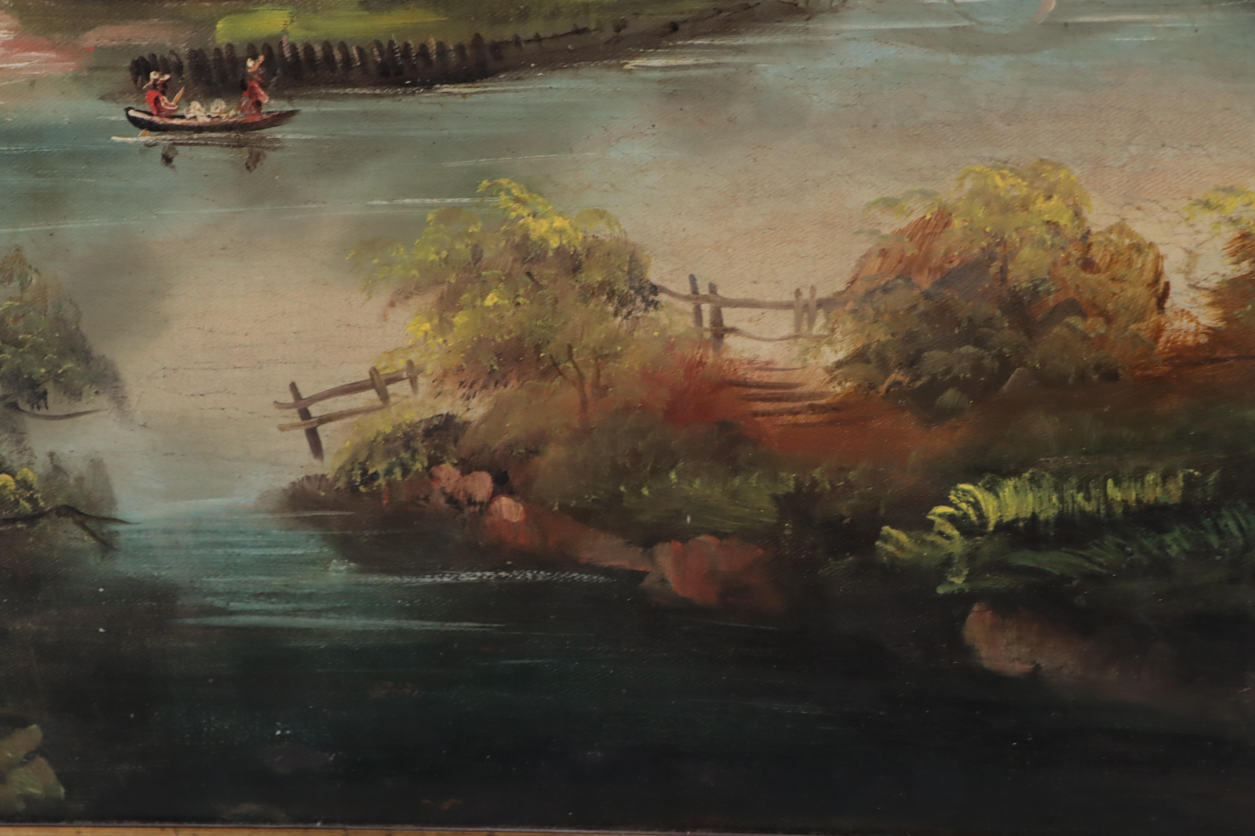 Joseph H. Hidley Oil Painting of Boats In European River Landscape