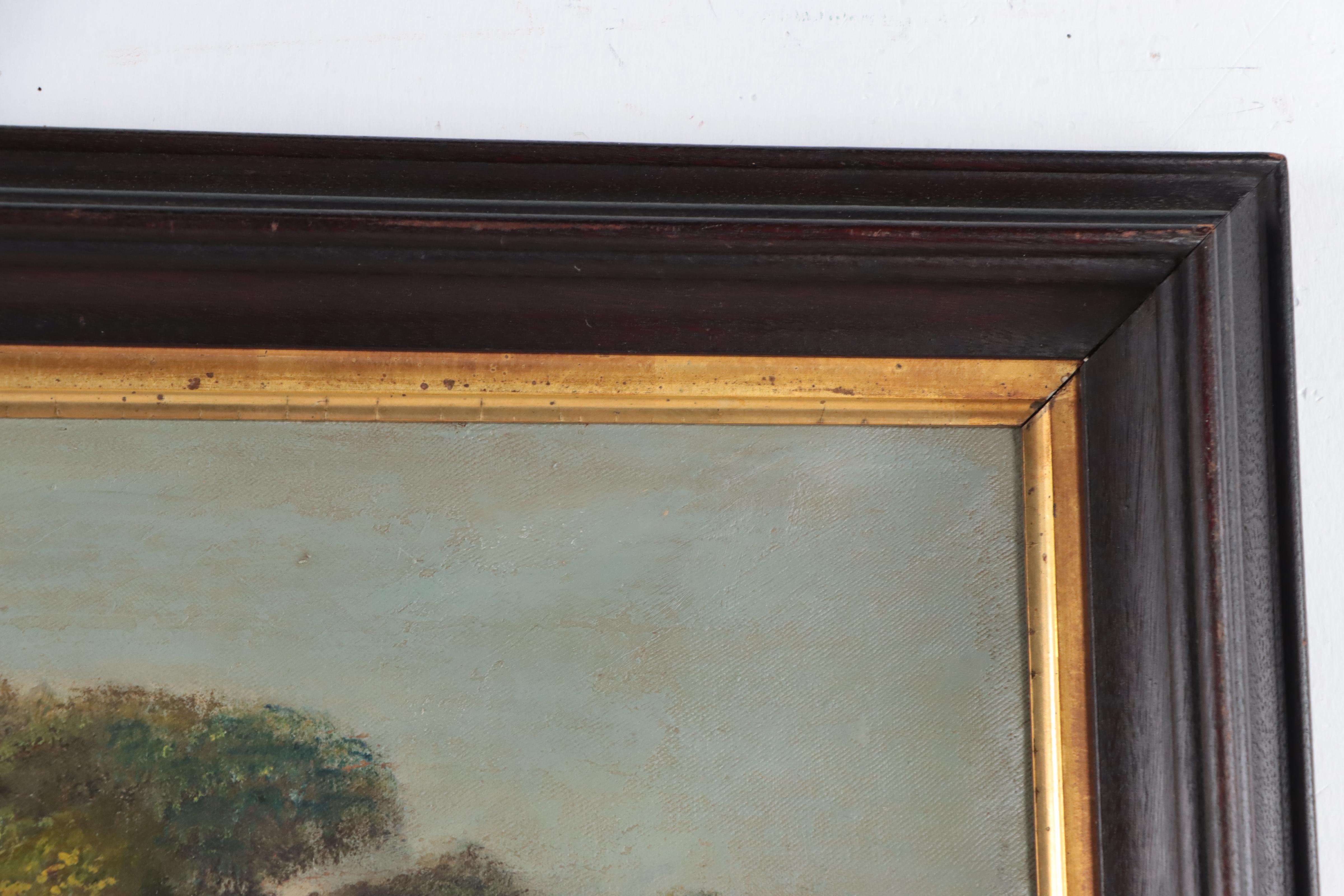 Joseph H. Hidley Oil Painting of Boats In European River Landscape