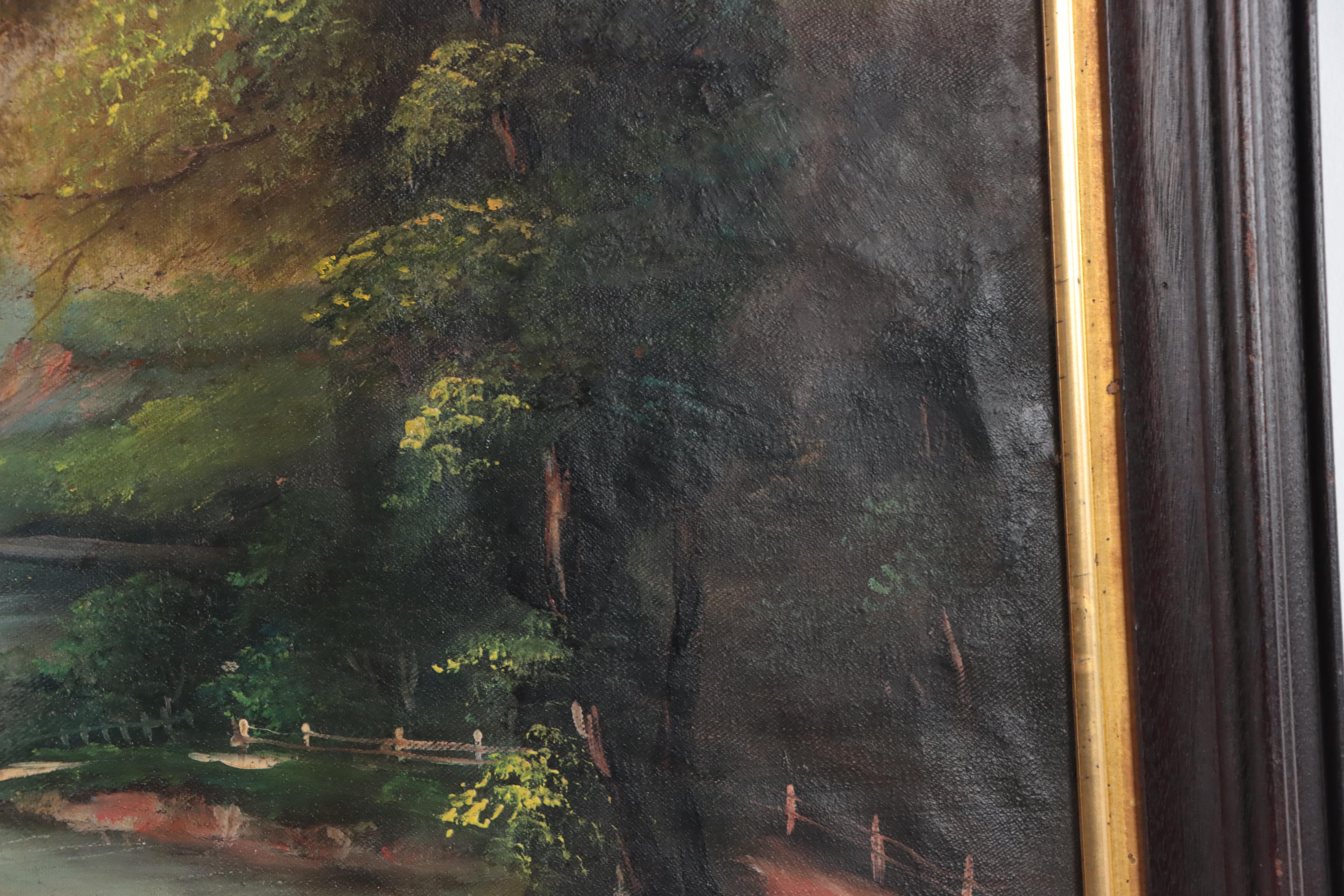 Joseph H. Hidley Oil Painting of Boats In European River Landscape